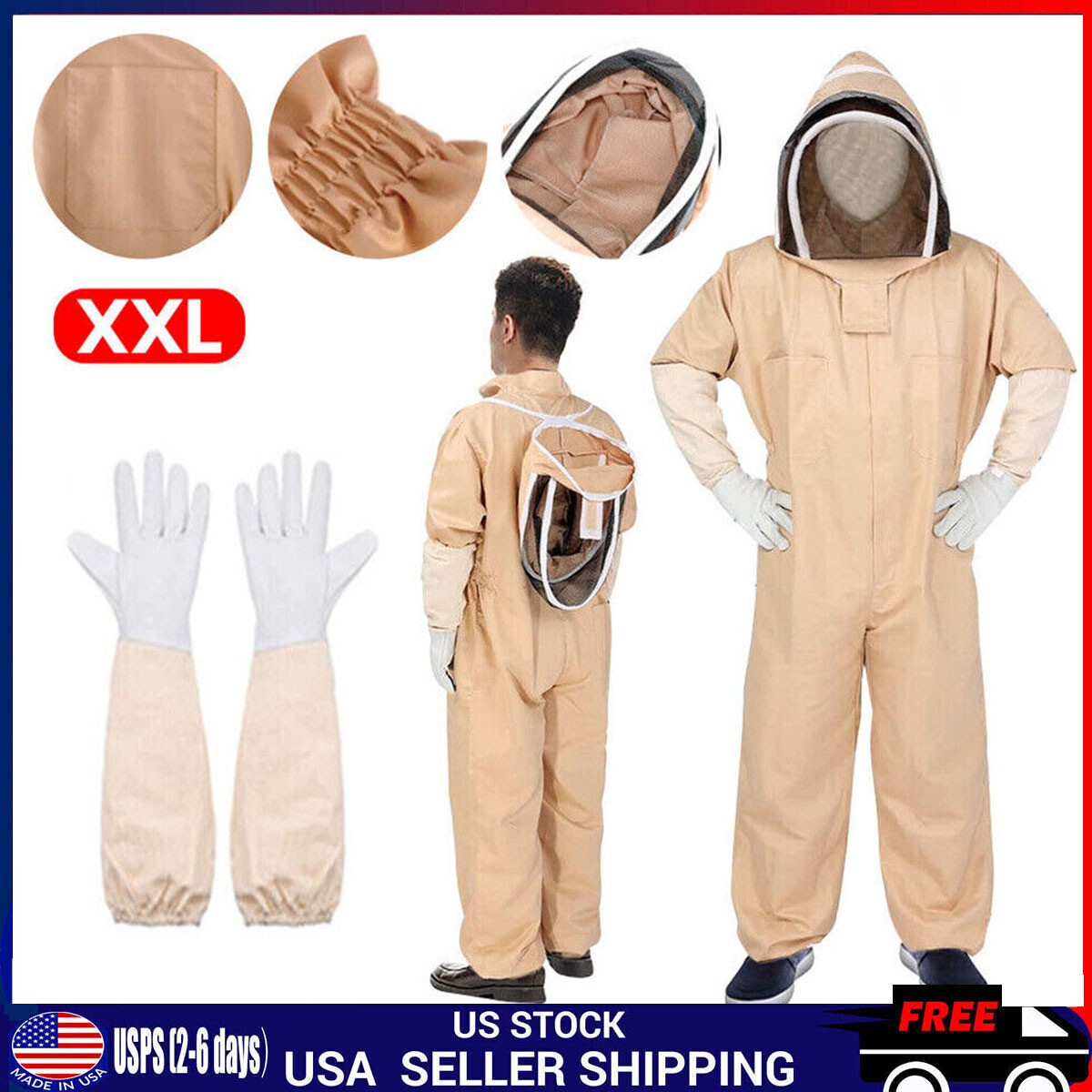 XXL Full Body Anti-bee Suit Cotton Beekeeping Clothing w/Veil Hood&Gloves Unisex