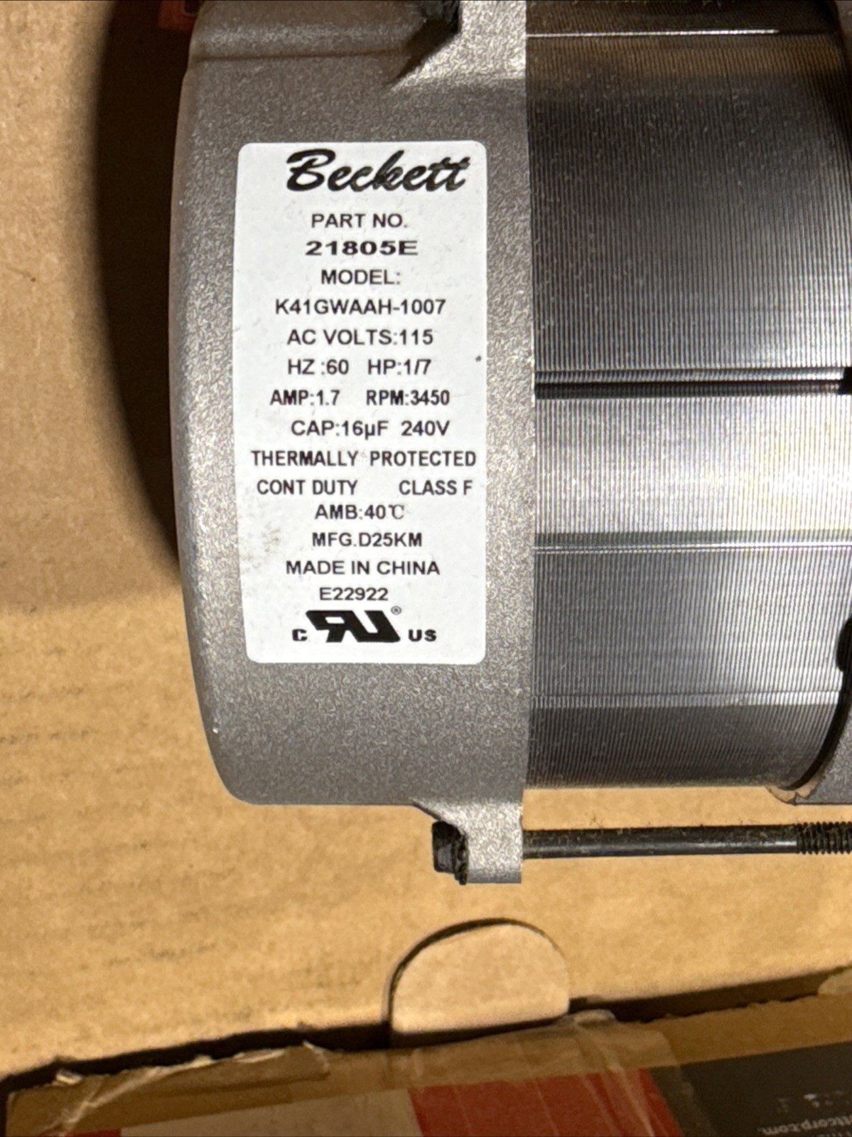 21805U BECKETT MOTOR 1/7HP 3450 RPM BALL BEARING BEARINGS 48M FRAME New