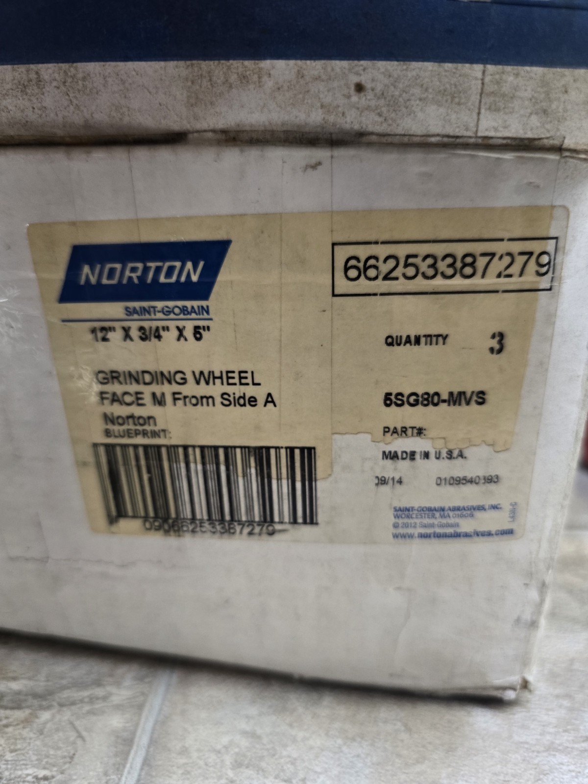 Norton Grinding Wheel 12″x3/4″x5″ 5SG80 FACE M FROM SIDE A BLUEPRINT 109540393