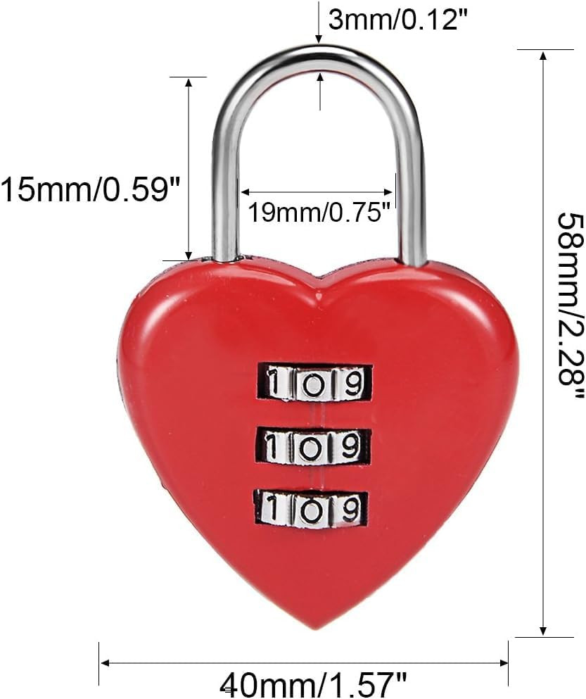 Red 3 Digit Combination Padlock, 3Mm Shackle, Zinc Alloy Lock Heart Shaped