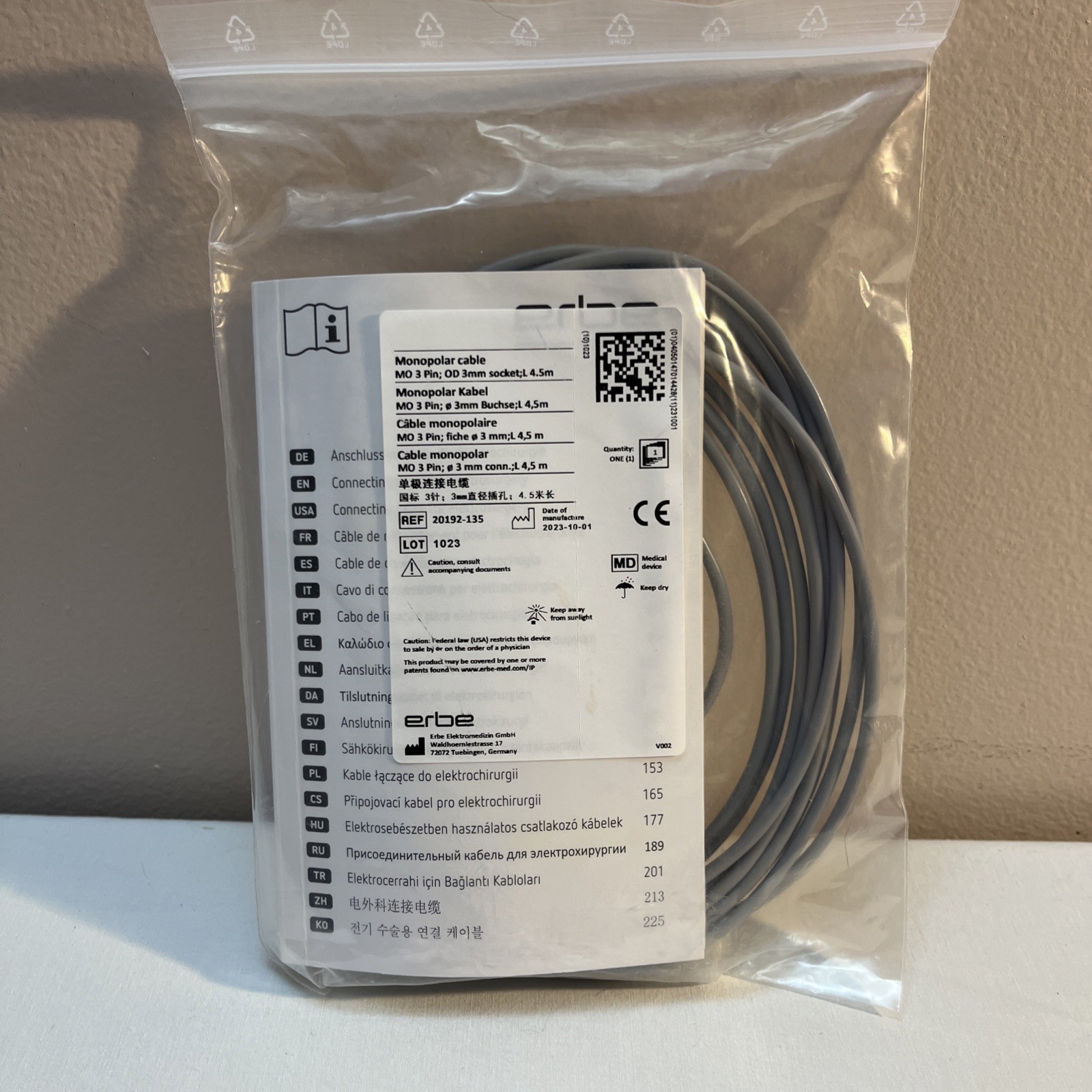 Erbe Monopolar Cable 3 Pin OD 3mm Socket 4.5m REF 20192-135