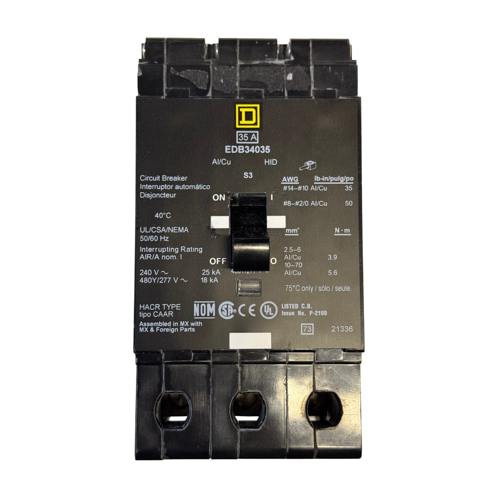 Square D EDB34035 35A 3-Pole 480V Molded Case Circuit Breaker EDB