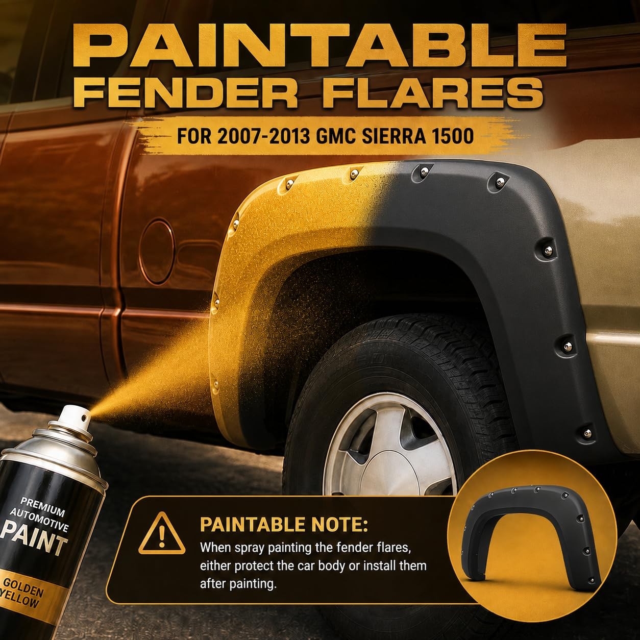 4pcs Fender Flares for GMC Sierra 1500 2007-2013 Black Pocket Rivet Style Painta