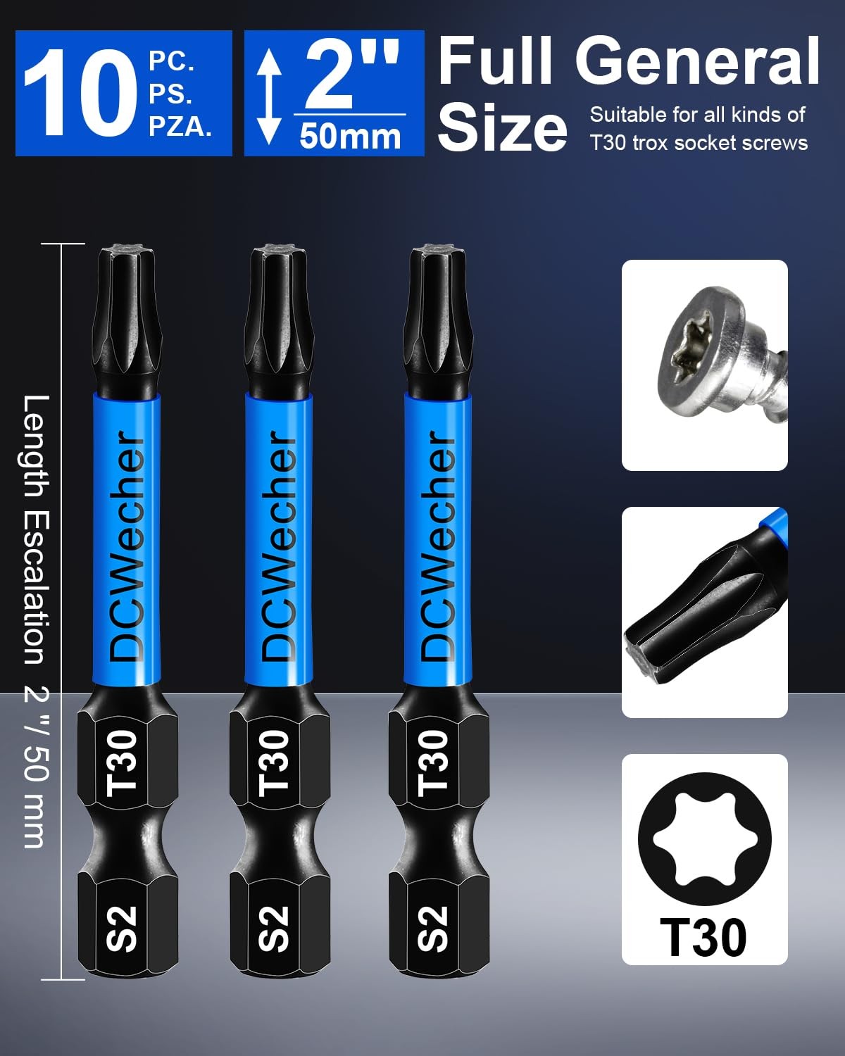 10-Pack T30 Torx Bit, Impact T-30 Bit 10-PCS 2 Inch, Blue