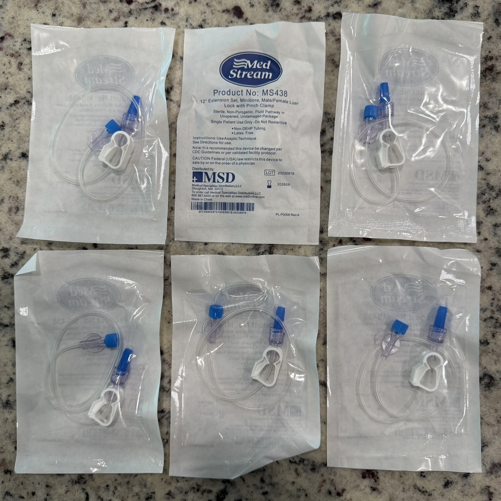 Lot of 6 Med Stream MS438 12″ IV Extension Sets Minibore Luer Lock Pinch Clamp