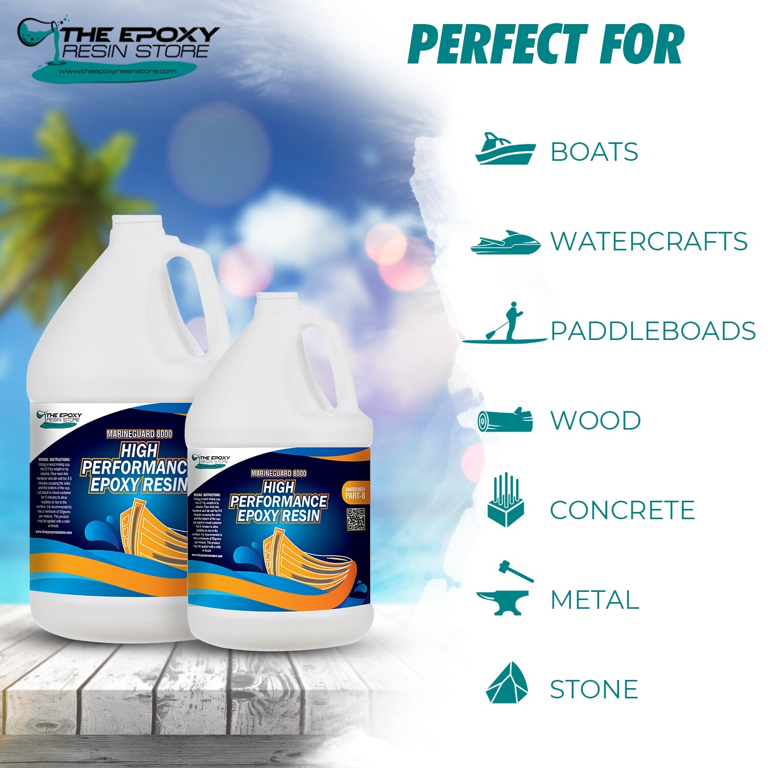 MARINEGUARD 8000 – CLEAR EPOXY RESIN, TABLETOPS, CONCRETE, FIBERGLASS -1.5 GAL