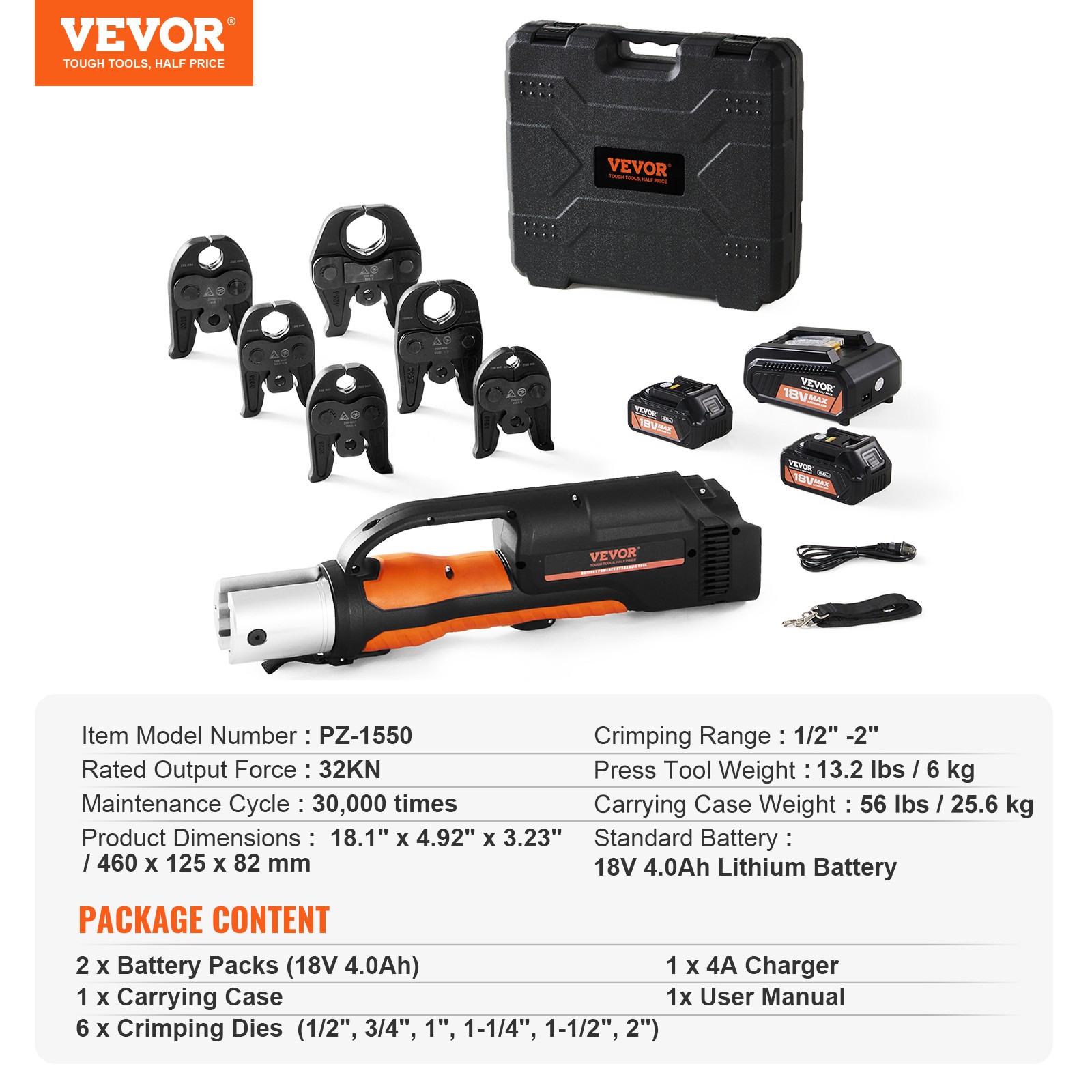 VEVOR 1/2″-2″ Pro Press Tool 18V with 6 Pro Press Jaws 2pcs 4AH Battery