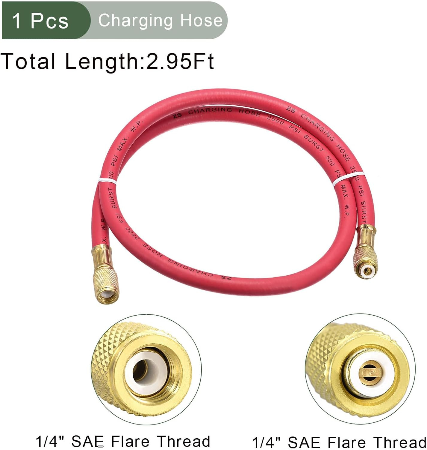 1/4 SAE Flare AC Refrigerant Charging Hoses 2.95Ft Length 500PSI Thread Red