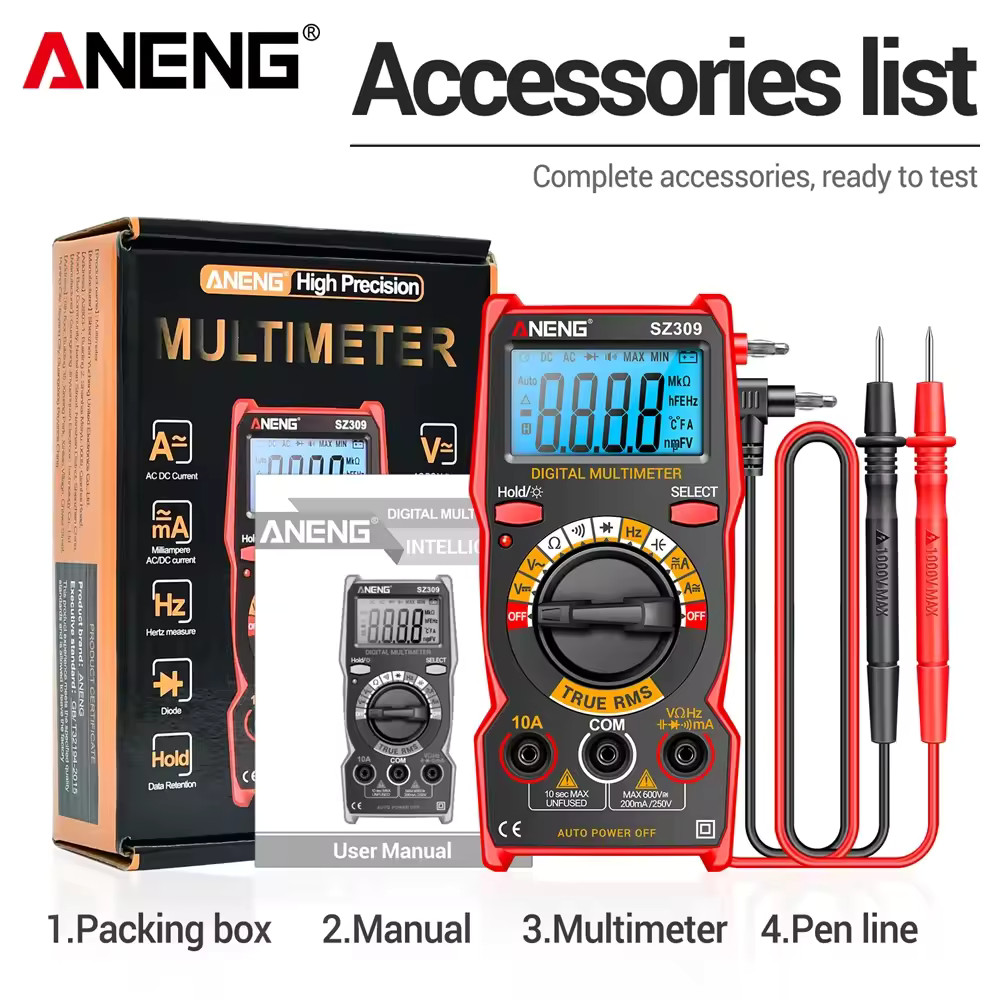 ANENG SZ309 Digital Multimeter 1999 Count AC/DC Voltage Current Resistance