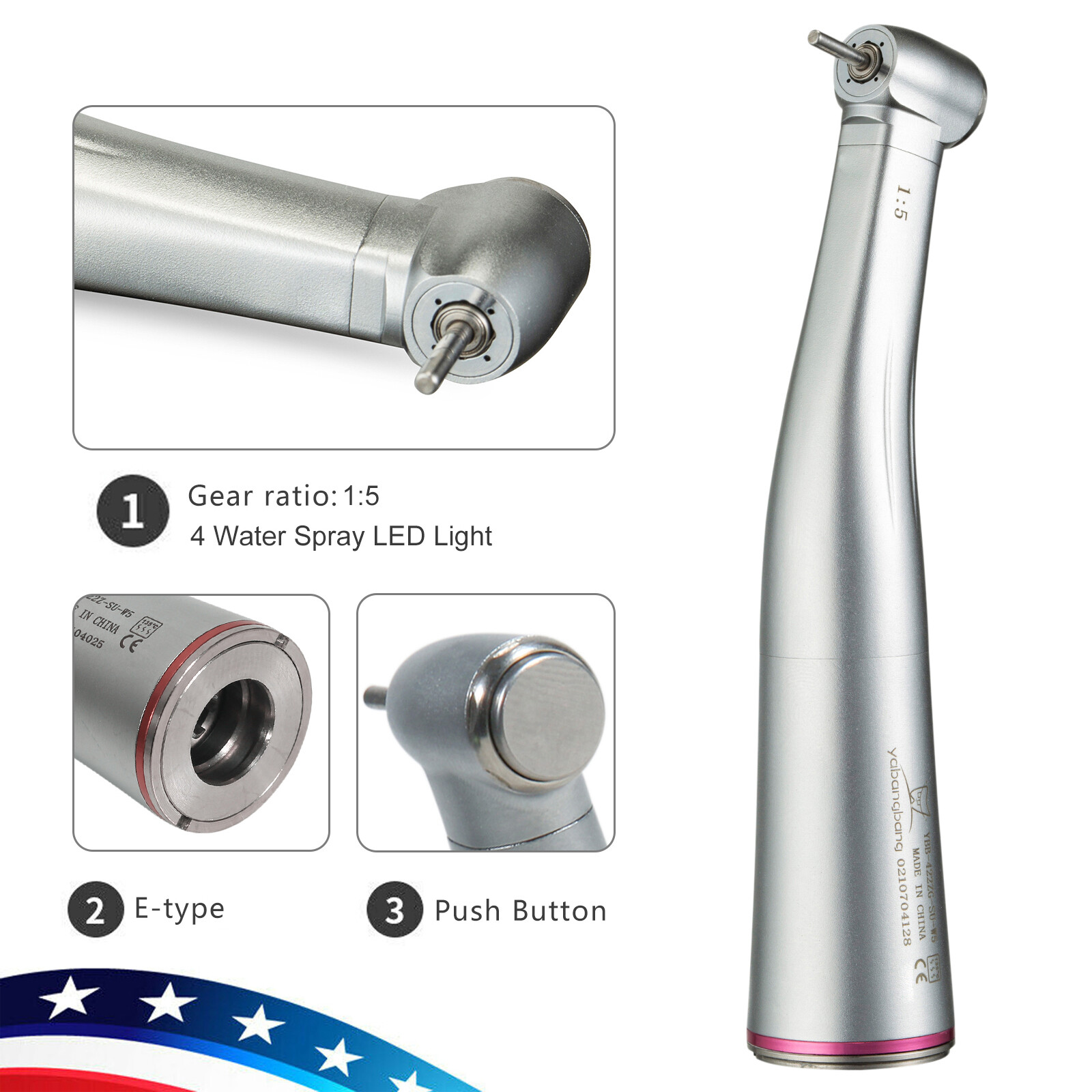 Dental 1:5 Fiber Optic LED Contra Angle Handpiece fit NSK E-type Electric Motor