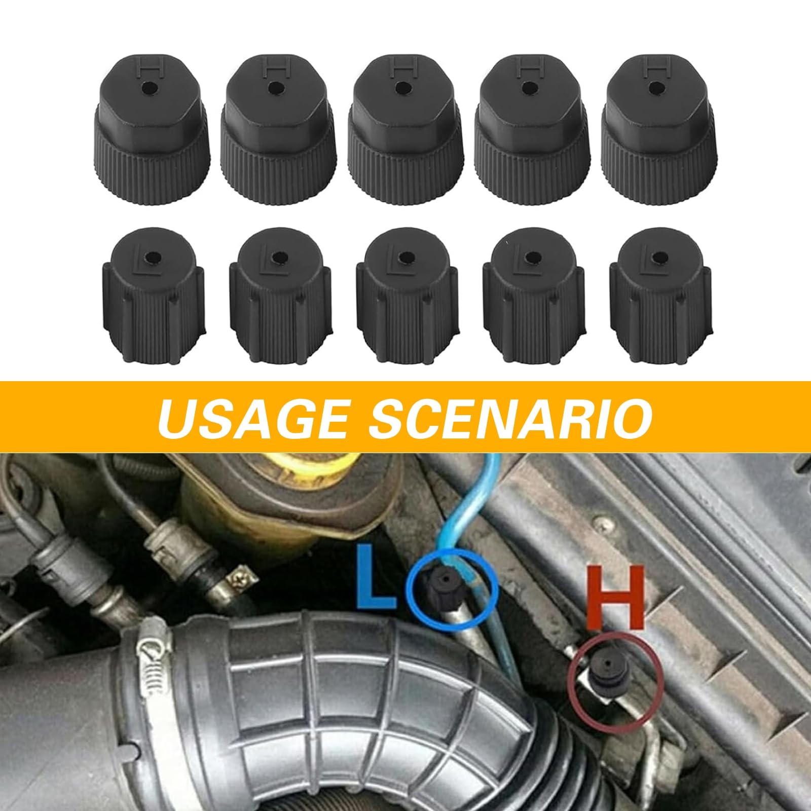 10 PCS Car A/C Valve Core Caps, R134a High & Low Pressure Port Black
