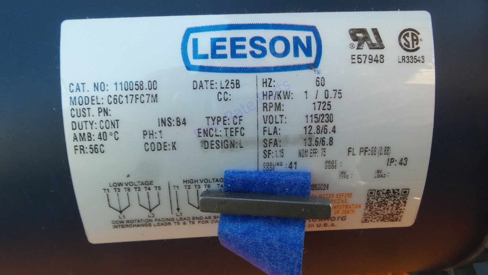 Leeson 110058.00 Motor C6C17FC7 1HP 115V 230V 1725 RPM 1PH TEFC 56C General NEW