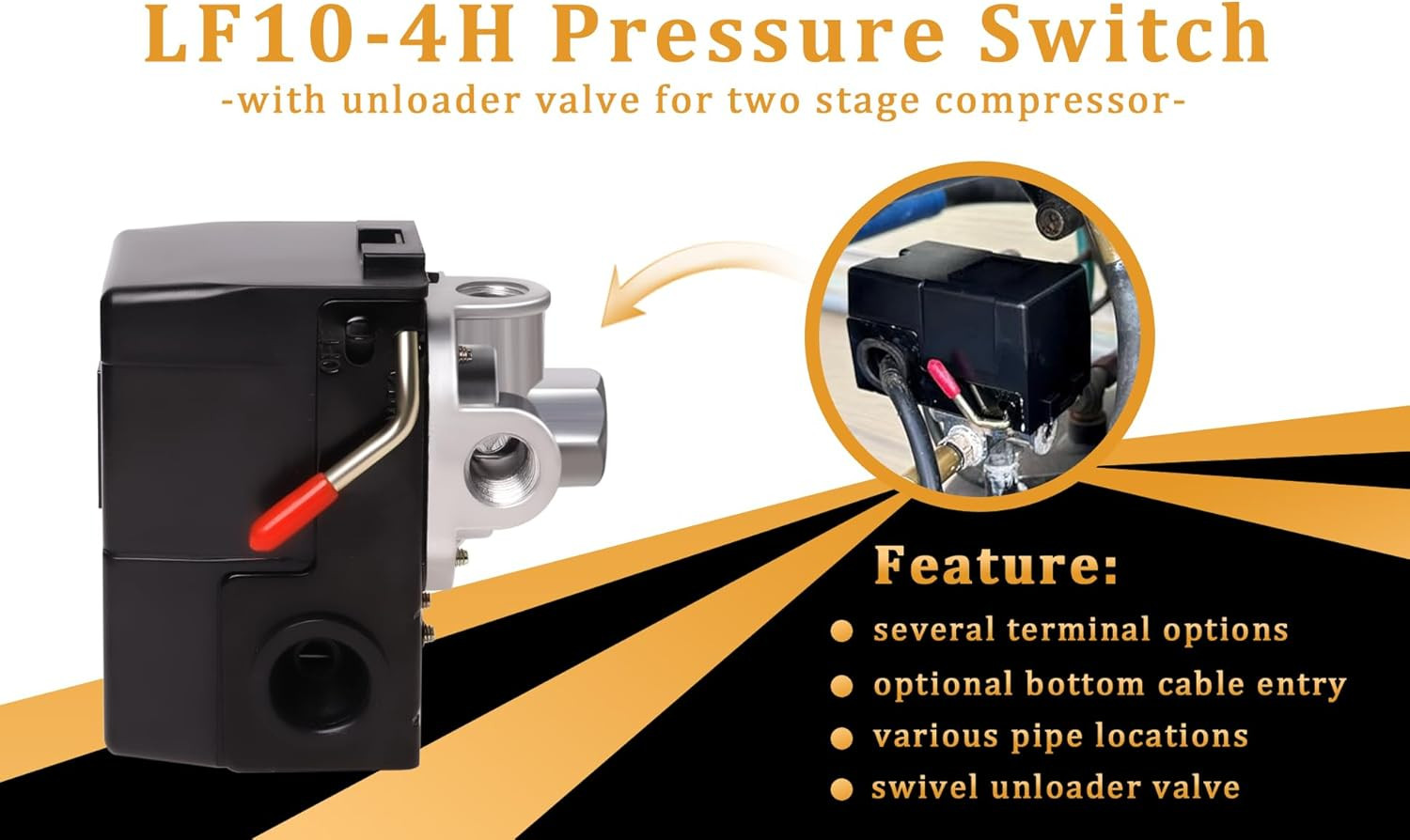 Air Compressor Pressure Switch LF10-4H, 4 Port 1/4″ NPT, 95-125 PSI Pressure Con