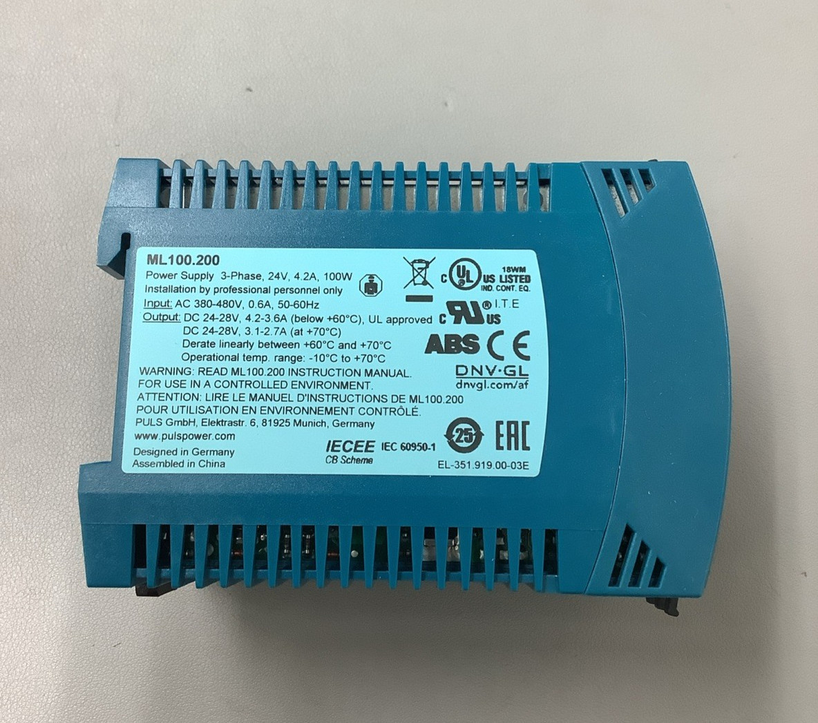 Puls ML100.200 DIN Rail Power Supply 24V 4.2A 3PH (b584)
