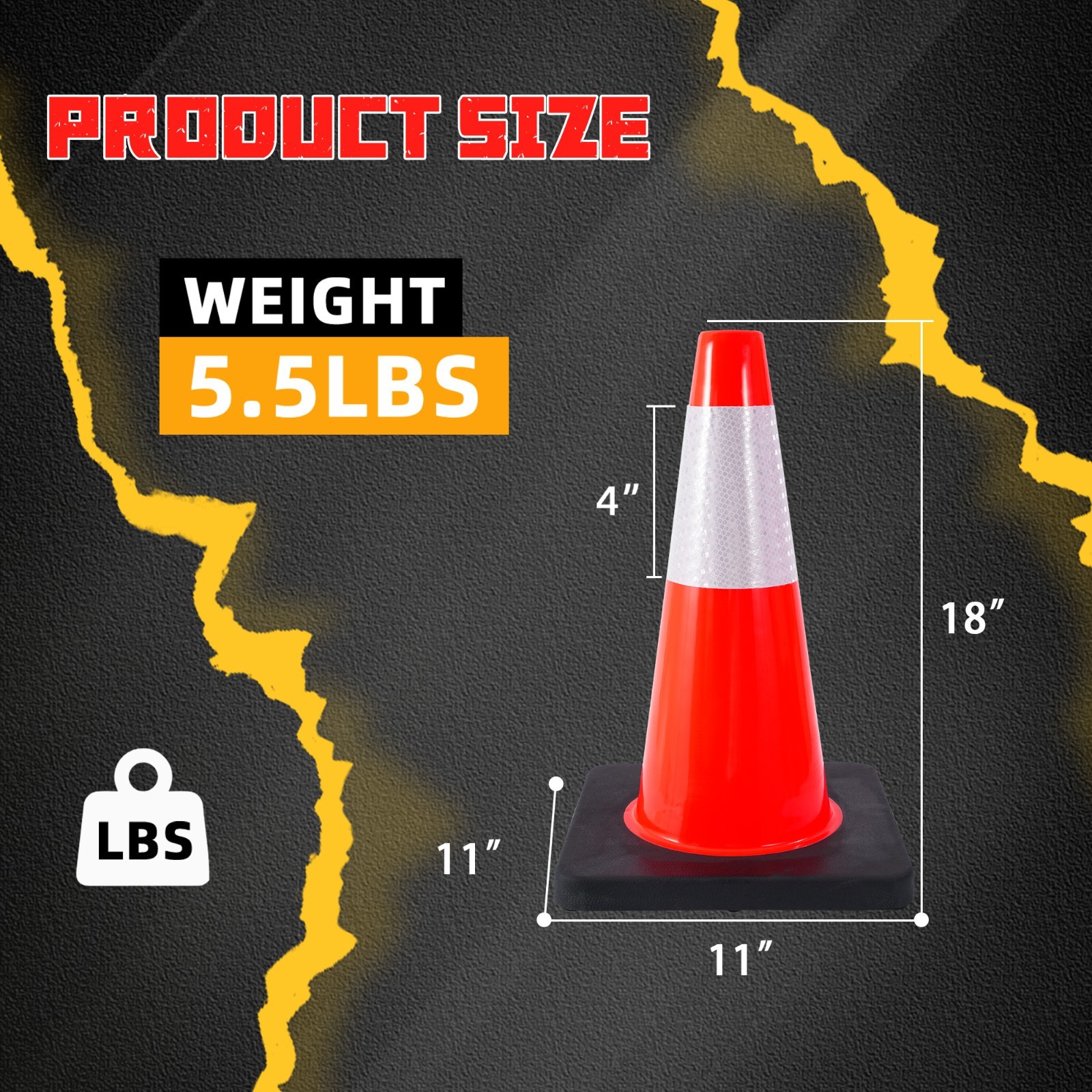 4 PACK-18» Heavy Duty Traffic Safety Cones,5lbs Weight,W Reflective Collar