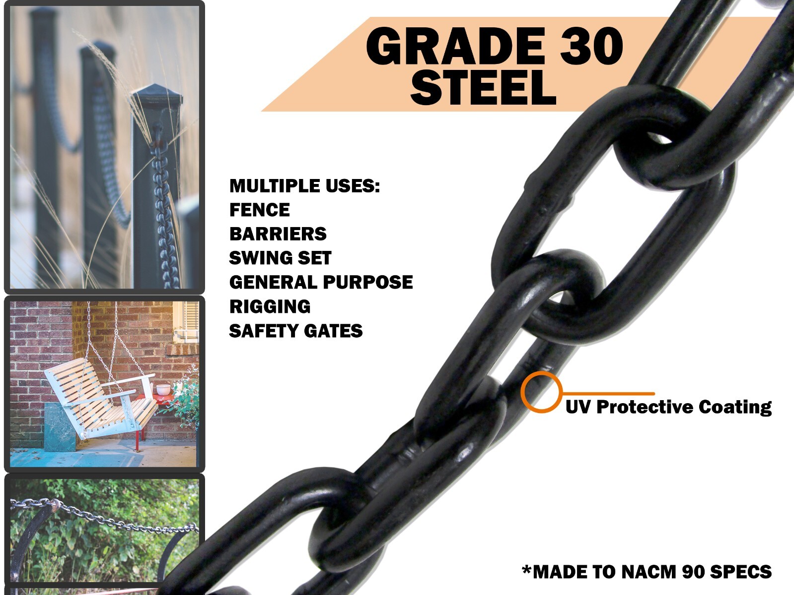 1/4″ X 10′ GRADE 30 Black Proof Coil Powder Coated Safety Chain Swing Set