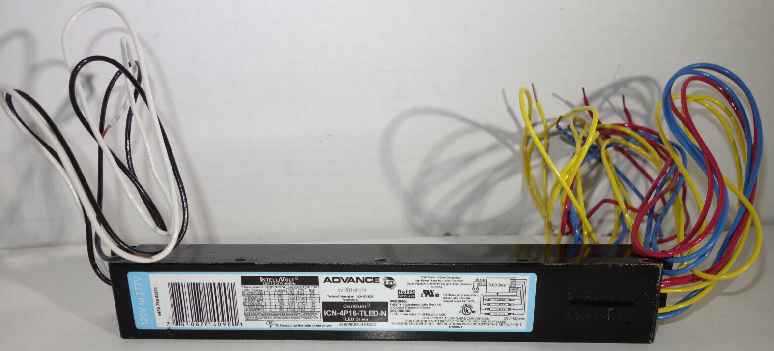 ADVANCE CENTIUM Intellivolt 4 Lamp LED T8 Driver,120V to 277 VAC ICN-4P16-TLED-N