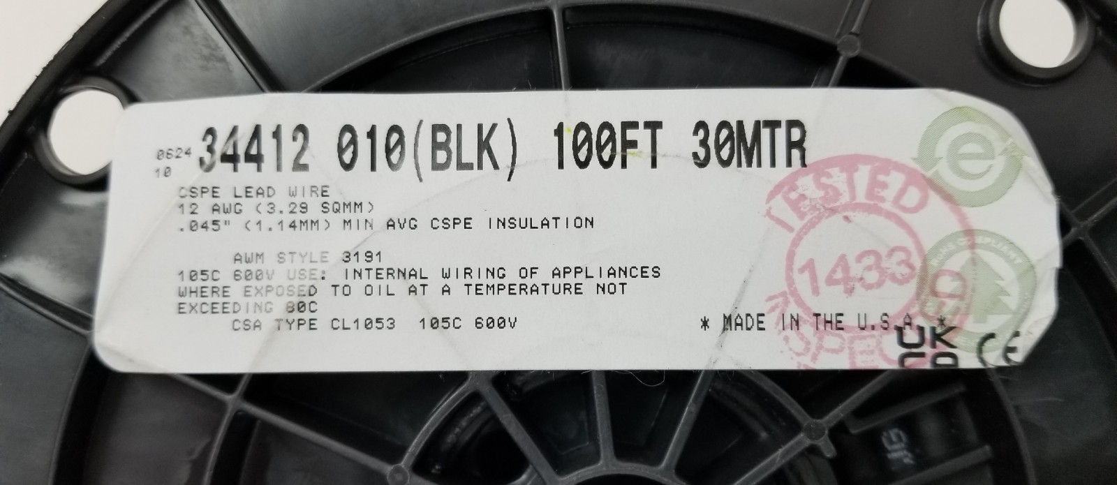 100ft Belden 34412 010(BLK) Hook-Up Wire 12AWG CSPE Insulation 600V Black NEW