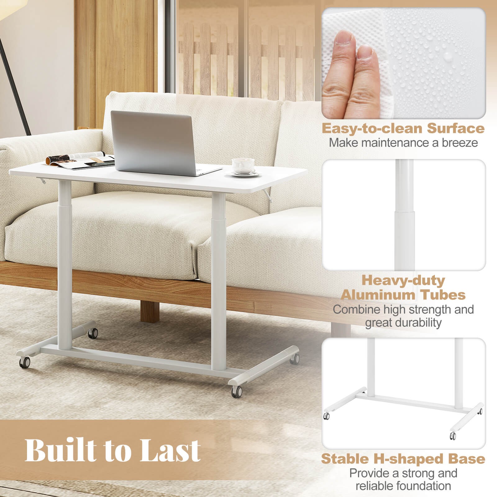 Costway Height Adjustable Computer Desk Sit Stand Rolling Notebook Table White