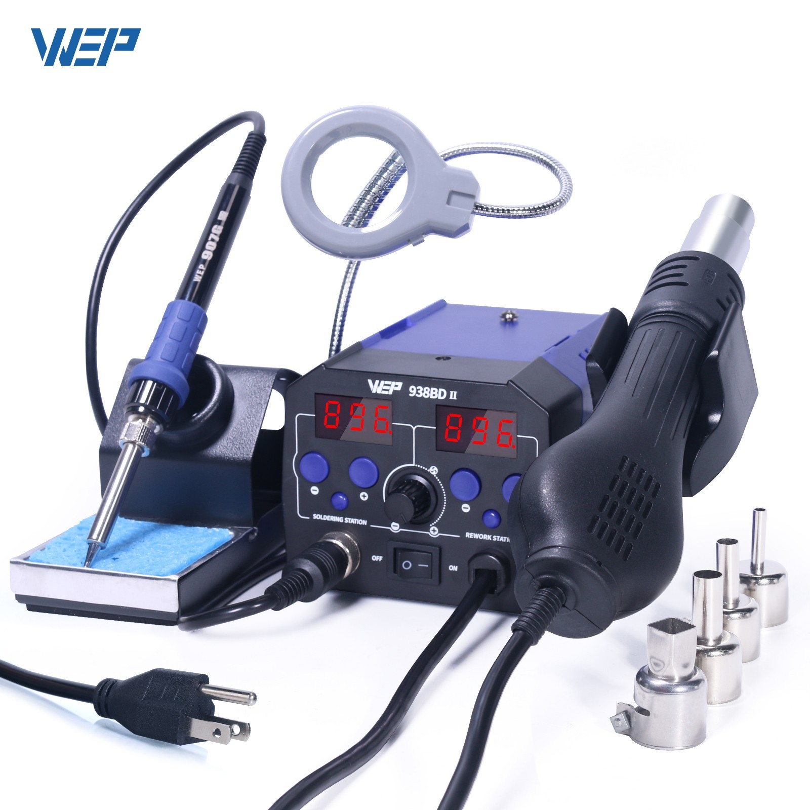 WEP 938BD-II Soldering Iron Station Hot Air Gun Rework Station with LED Lamp