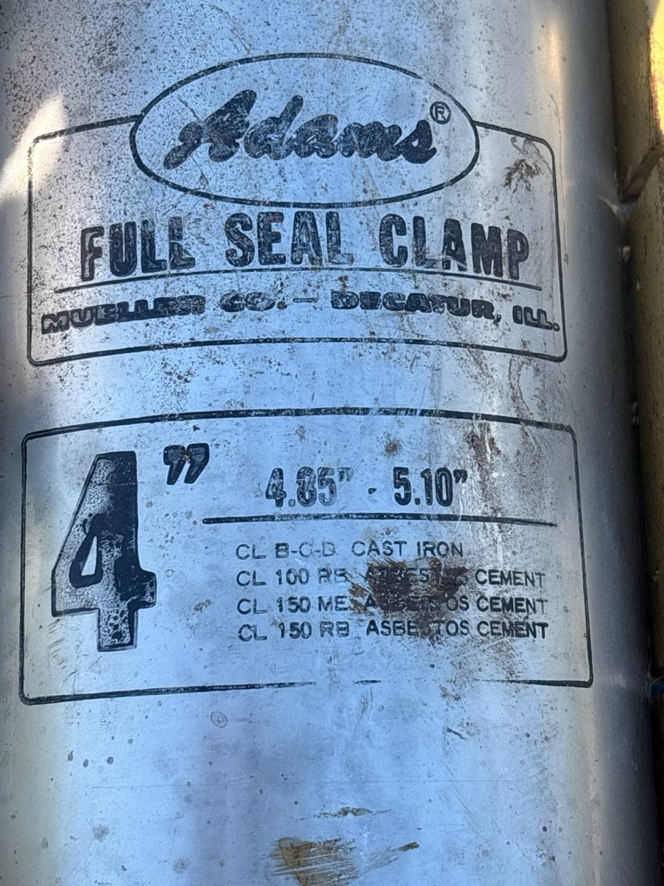 Adams Full Seal Clamp 4in Pipe Repair Clamp 4.85-5.10 Mueller Qty 1