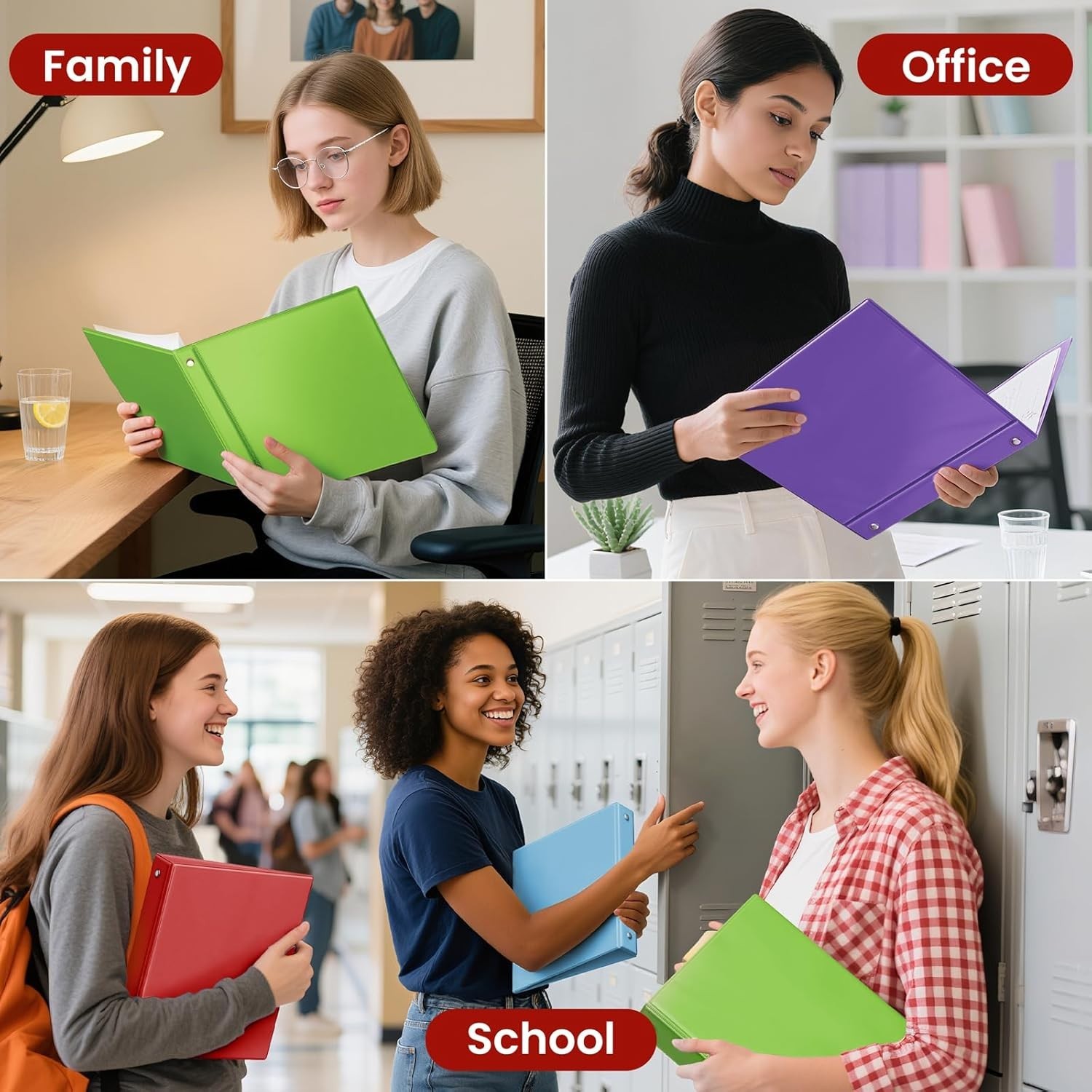 4 Pack 3 Inch Plastic Ring Binders Classic 4-Color 8.5×11 Office School