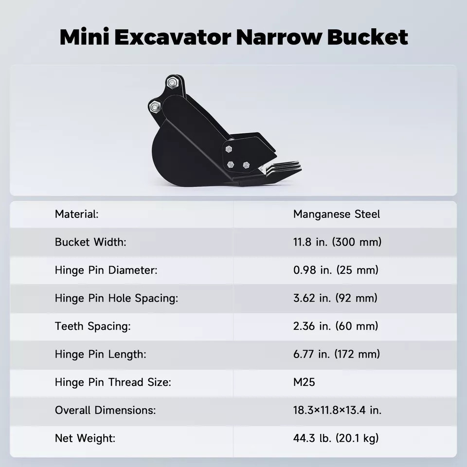 Manganese Steel Mini Excavator Narrow Bucket 300Lbs Complete Kit Hoses & Pins