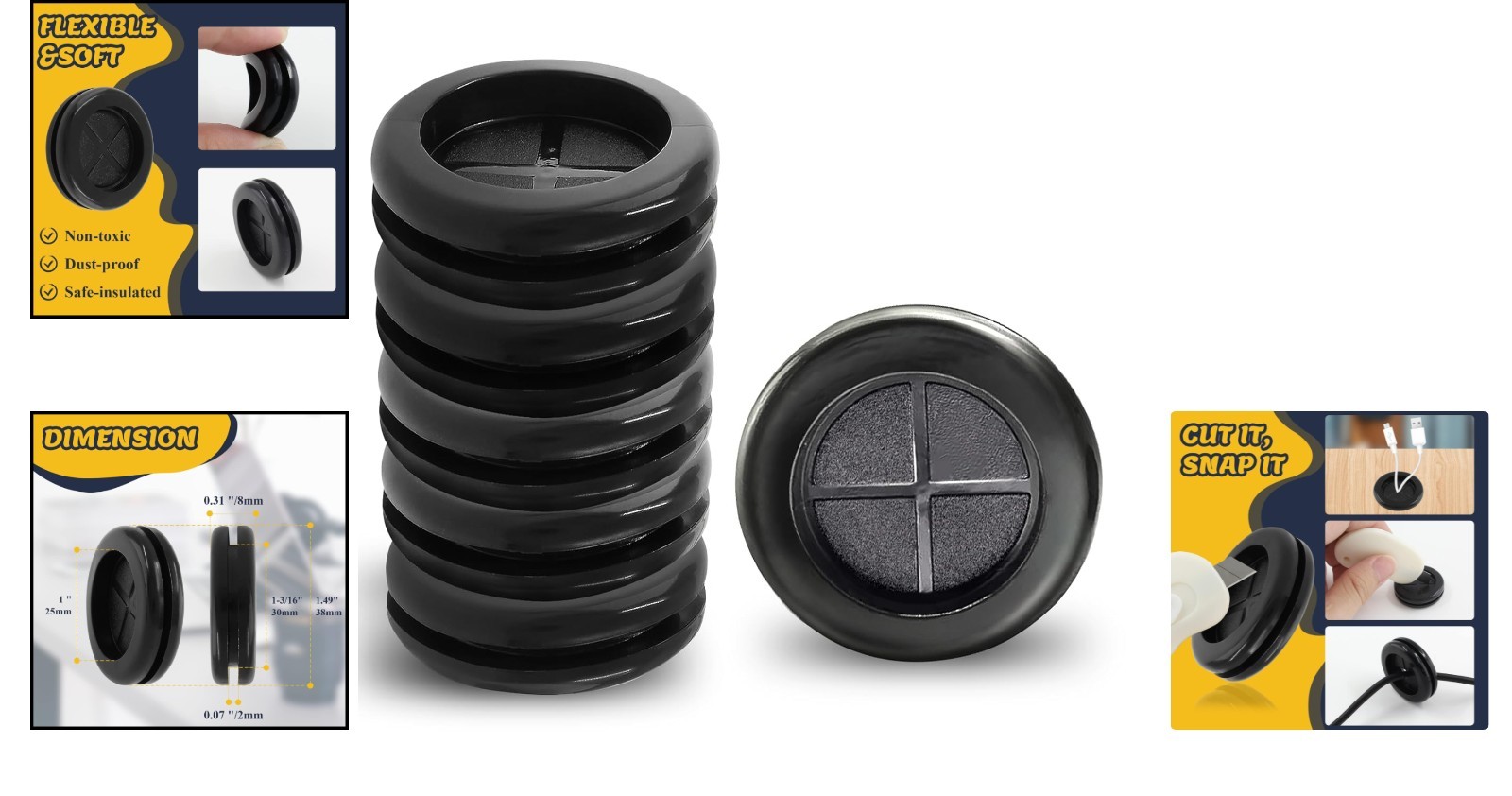 Easy Install Rubber Grommet Kit – 6pcs Double-Sided, 1″ ID & 1-3/16″ Drill Hole