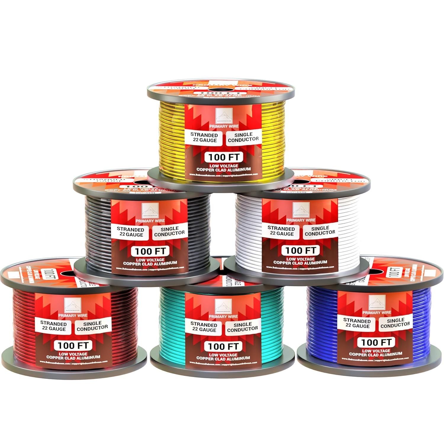 22 Gauge Wire Combo 6 Pack (600Ft Total) 100Ft per Roll, 12V Low Voltage Automot
