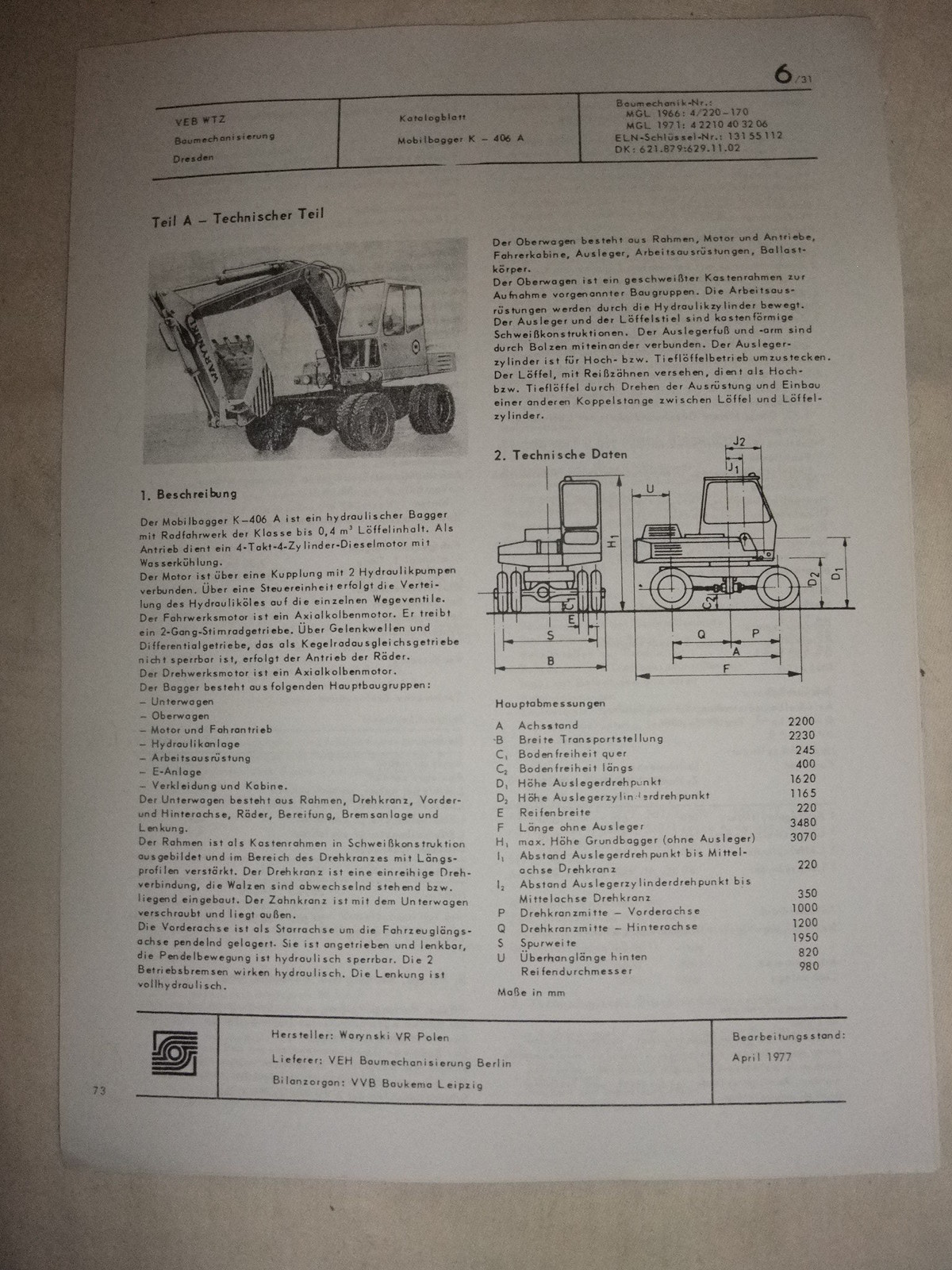 DDR Werbung Reklame Prospekt Datenblatt Bagger Mobilbagger K-406 A Polen 1977