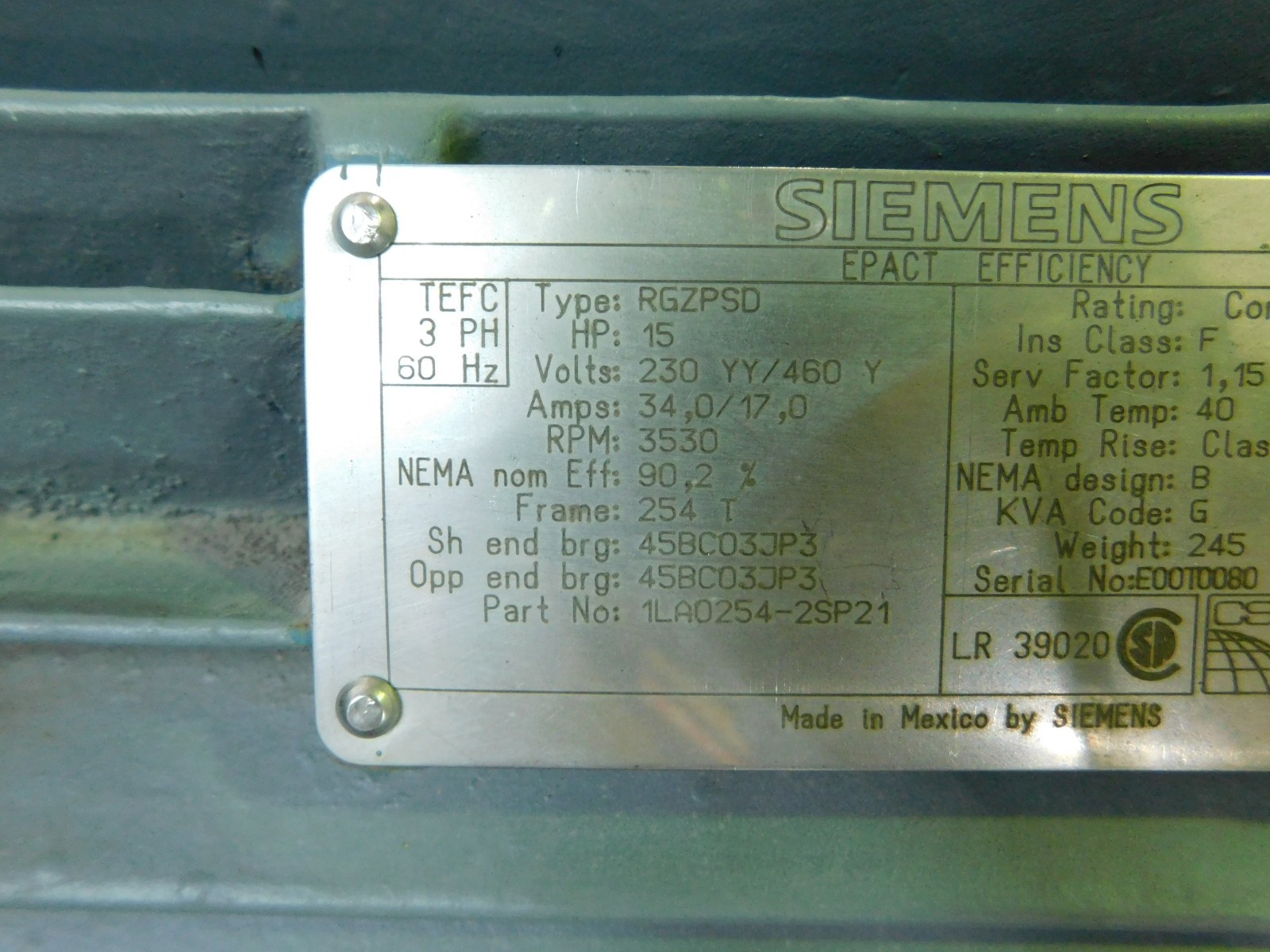 15 HP 3530 RPM Siemens Motor, Fr 254T, TEFC, 1.15 SF, 230/460 V, E-OK