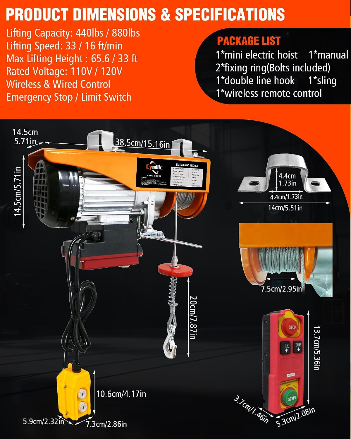 880 Lbs Electric Hoist, 2 in 1 Wireless/Wired Remote Control | 110V/120V Electri