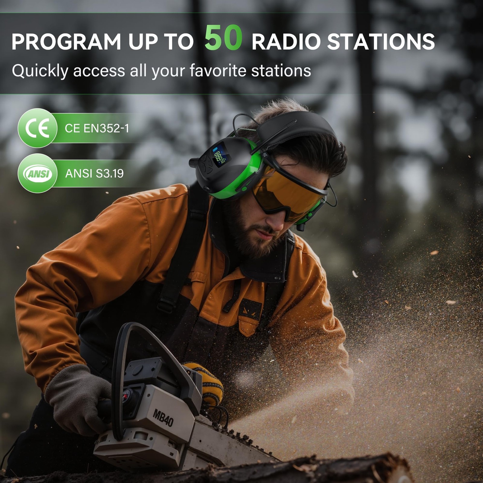 2025 AM/FM Radio Ear Protection Headphones with Backlit Large, Green-am/Fm