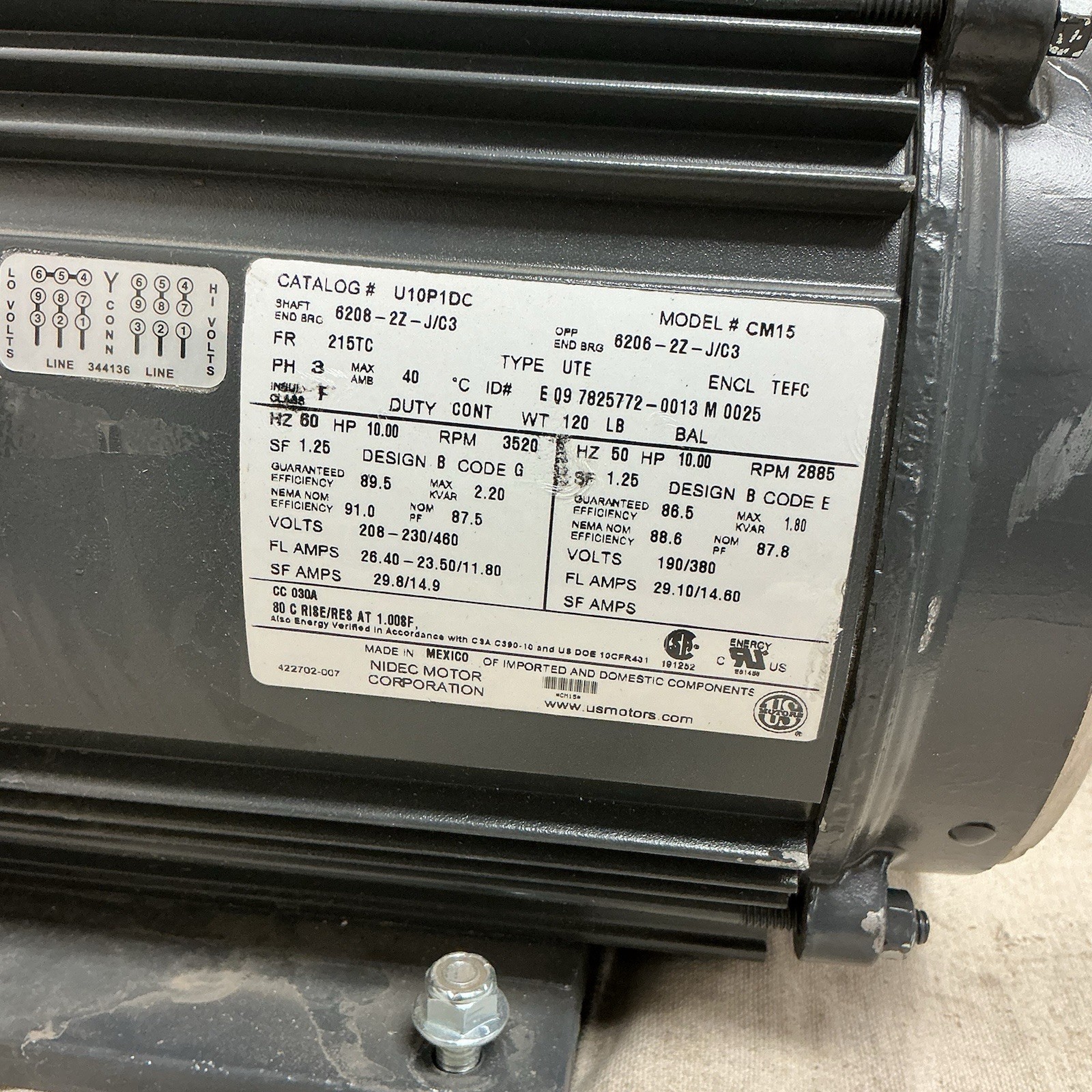 U.S. MOTORS U10P1D General Purpose Motor 10hp 3600rpm