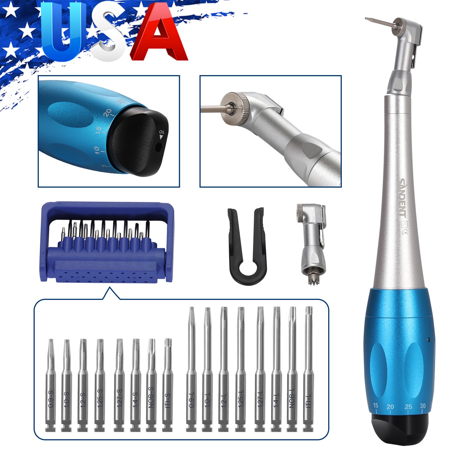 Dental Manual Implant Torque Wrench Handpiece with 16 Screw Drivers 2.35mm 2Head