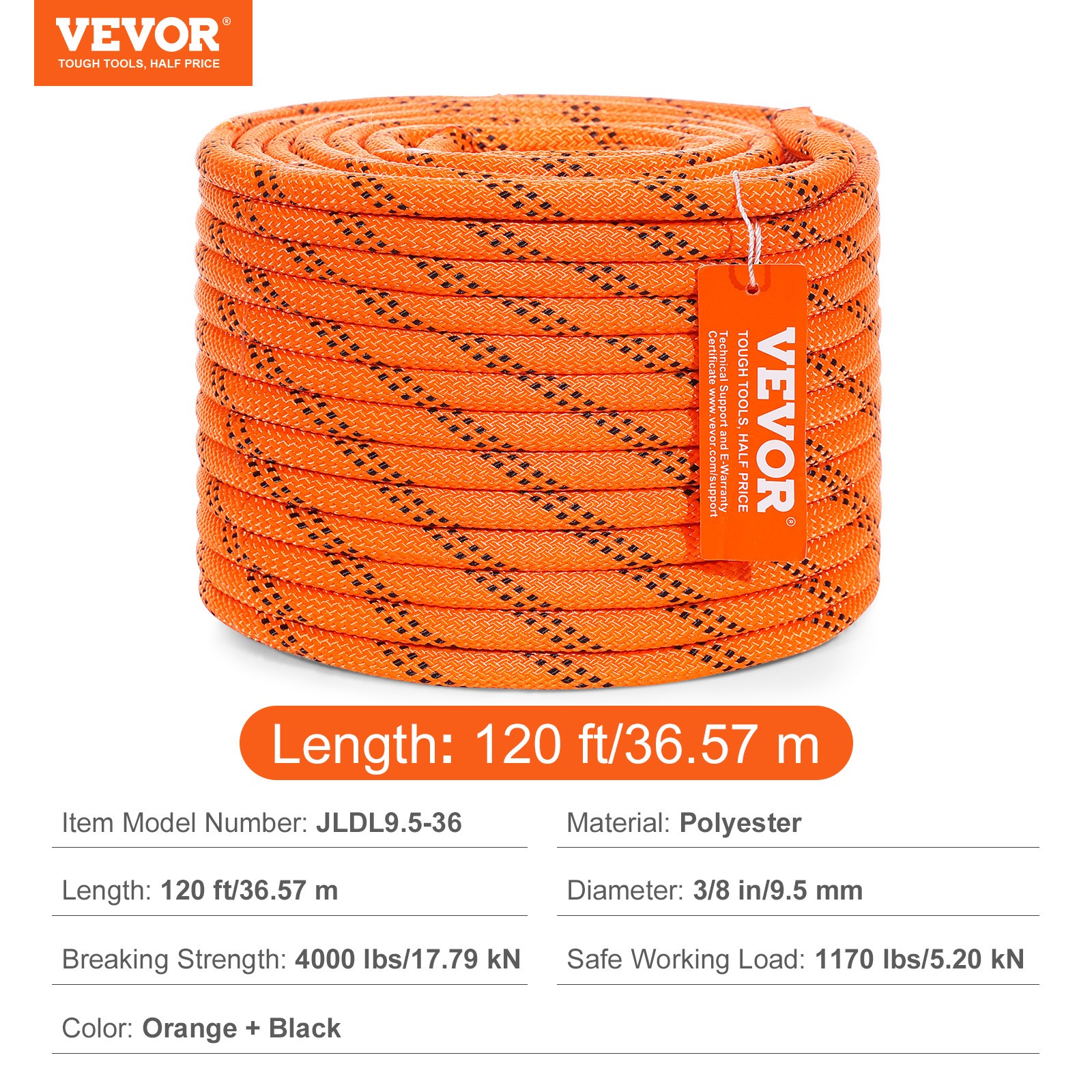 VEVOR Arborist Tree Climbing Rope Double Braid Polyester 3/8″ x 120′ 48-Strand