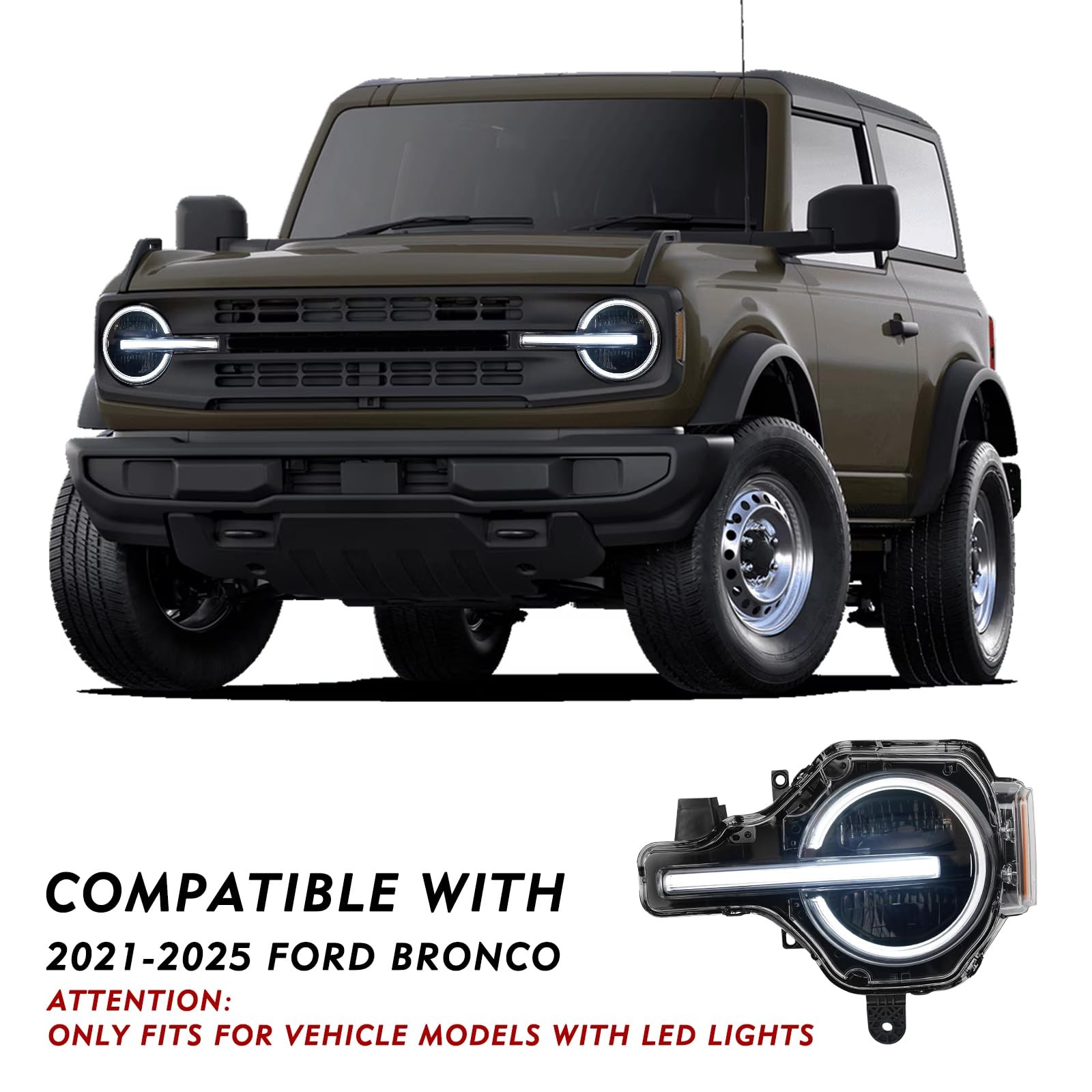 Full LED DRL Headlight Assembly Fit for 2021-2025 Ford Bronco, LH