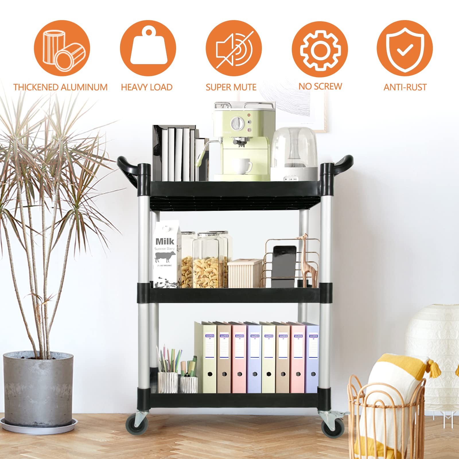 SFESGRER SFES-001 3-Tier Rolling Utility Cart 510 LBS 31.5″X16.9″X38.9″ Black