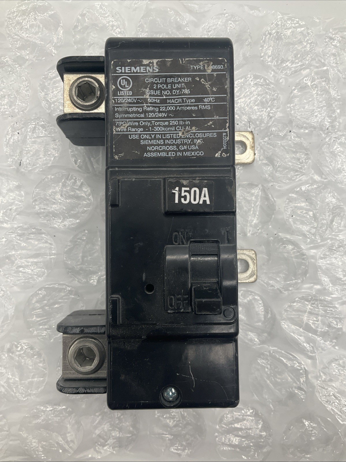 Siemens MBK150A Circuit Breaker 150 Amp, Type EQ8693, 2-Pole, 120/240V, 22kA