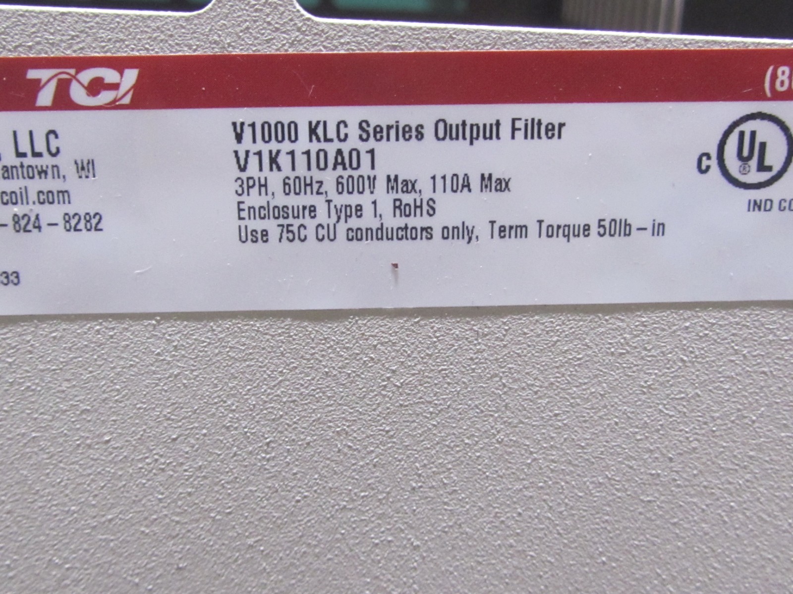 NEW TCI TRANS COIL V1000 KLC SERIES OUTPUT FILTER V1K110A01 3HP, 60Hz, 600v max