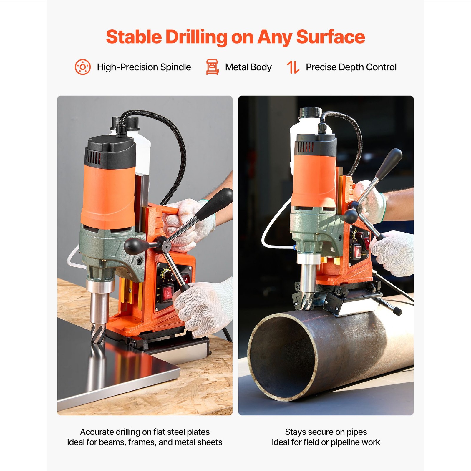 1400W Magnetic Drill Press 2in Bore 0-750 RPM Reversible Steel Base