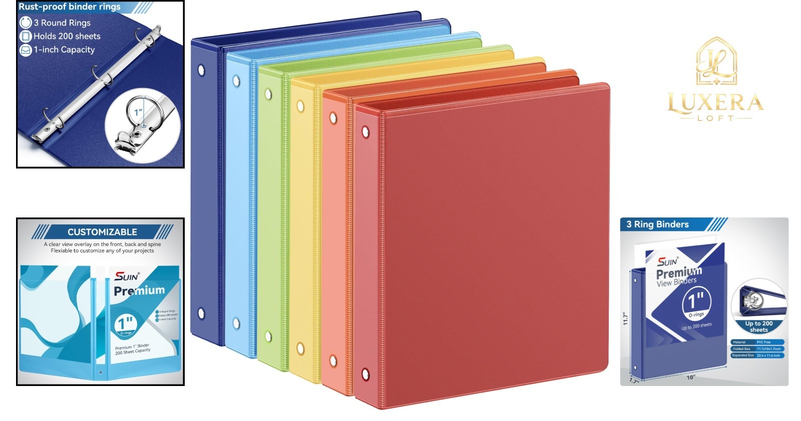 Rainbow 1-Inch 3-Ring Binders with 2 Pockets 6-Pack Office School Use