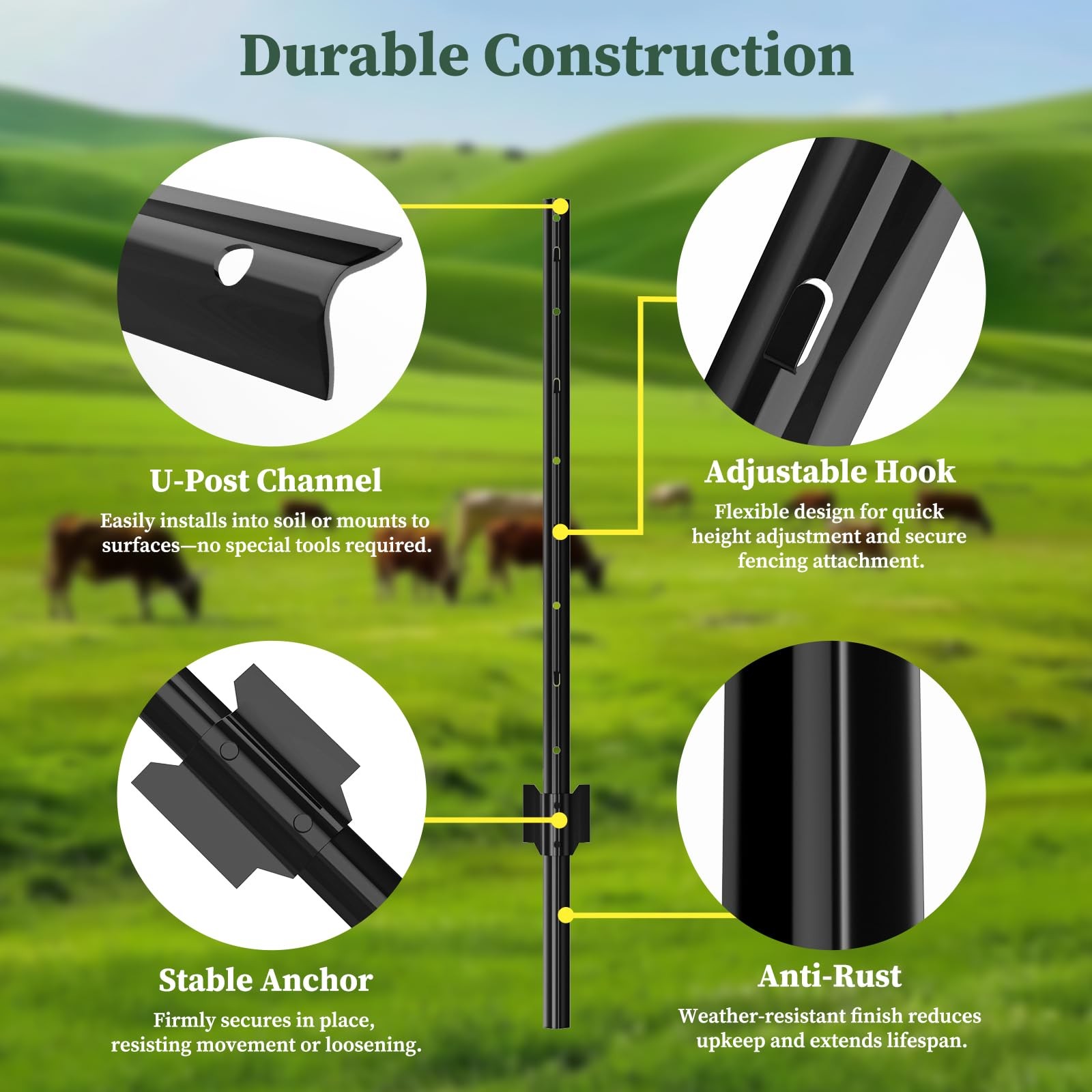 20 Pack Metal Fence Posts 4 FT Black – Heavy Duty U-Post Garden Stakes, No-Di…
