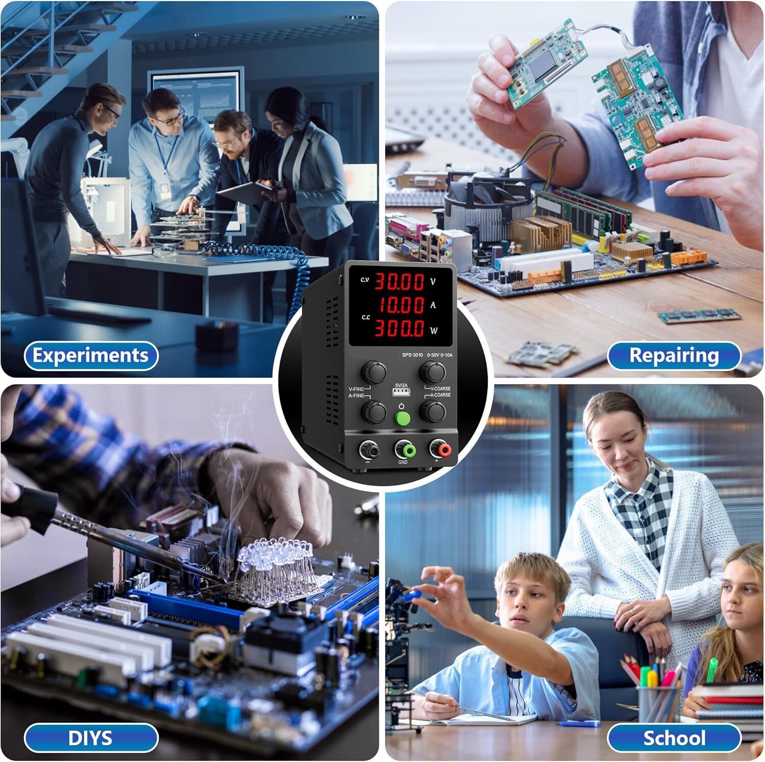 Fuente de alimentación de CC variable, 0-30 V, 0-10 A, con conmutación ajustable