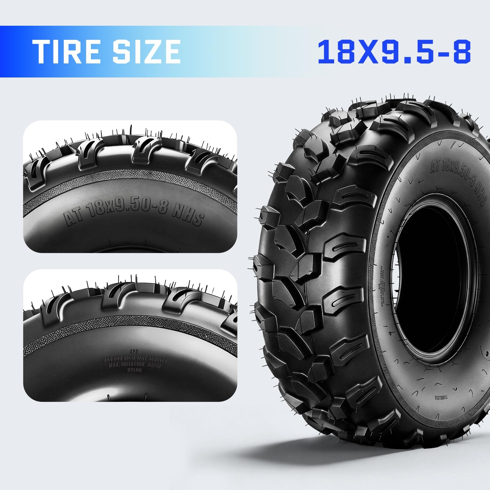 18×9.50-8 ATV UTV Tires 4PR All-Terrain for Sand Mud Trail Directional Tubeless