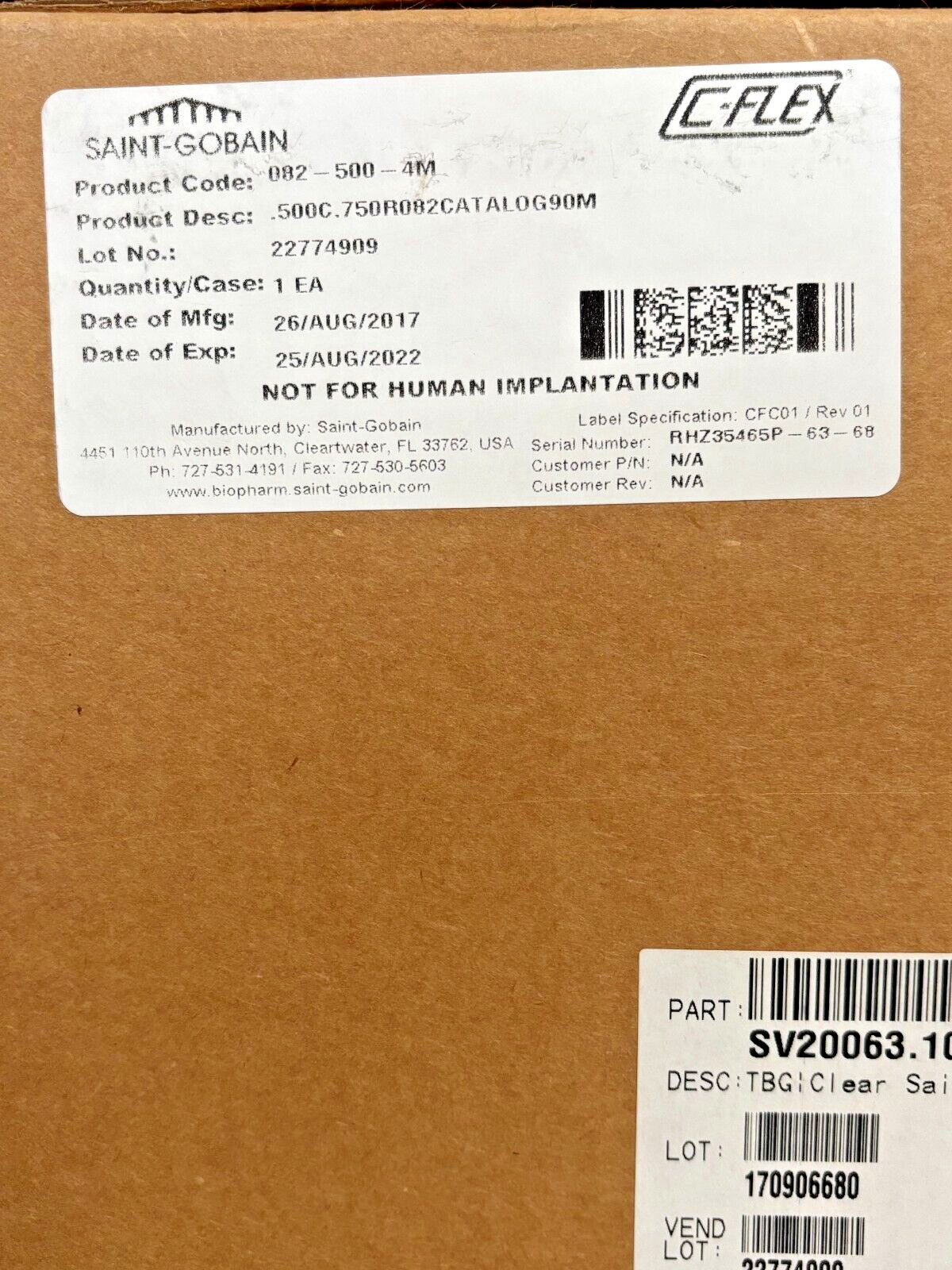 NEW Saint Gobain C-Flex Tubing Cat# 082-500-4M Formulation Factory Sealed