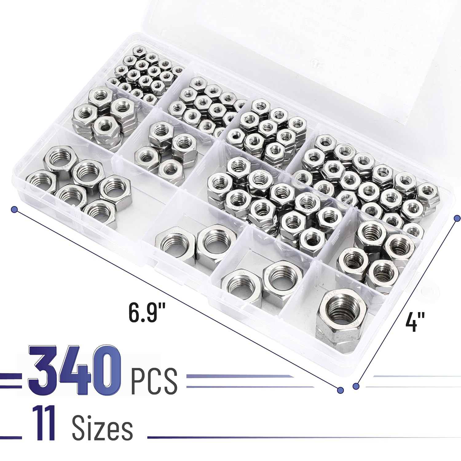 340Pcs SAE Hex Nuts Assortment Kit Stainless Steel Hardware Nuts 11 Sizes