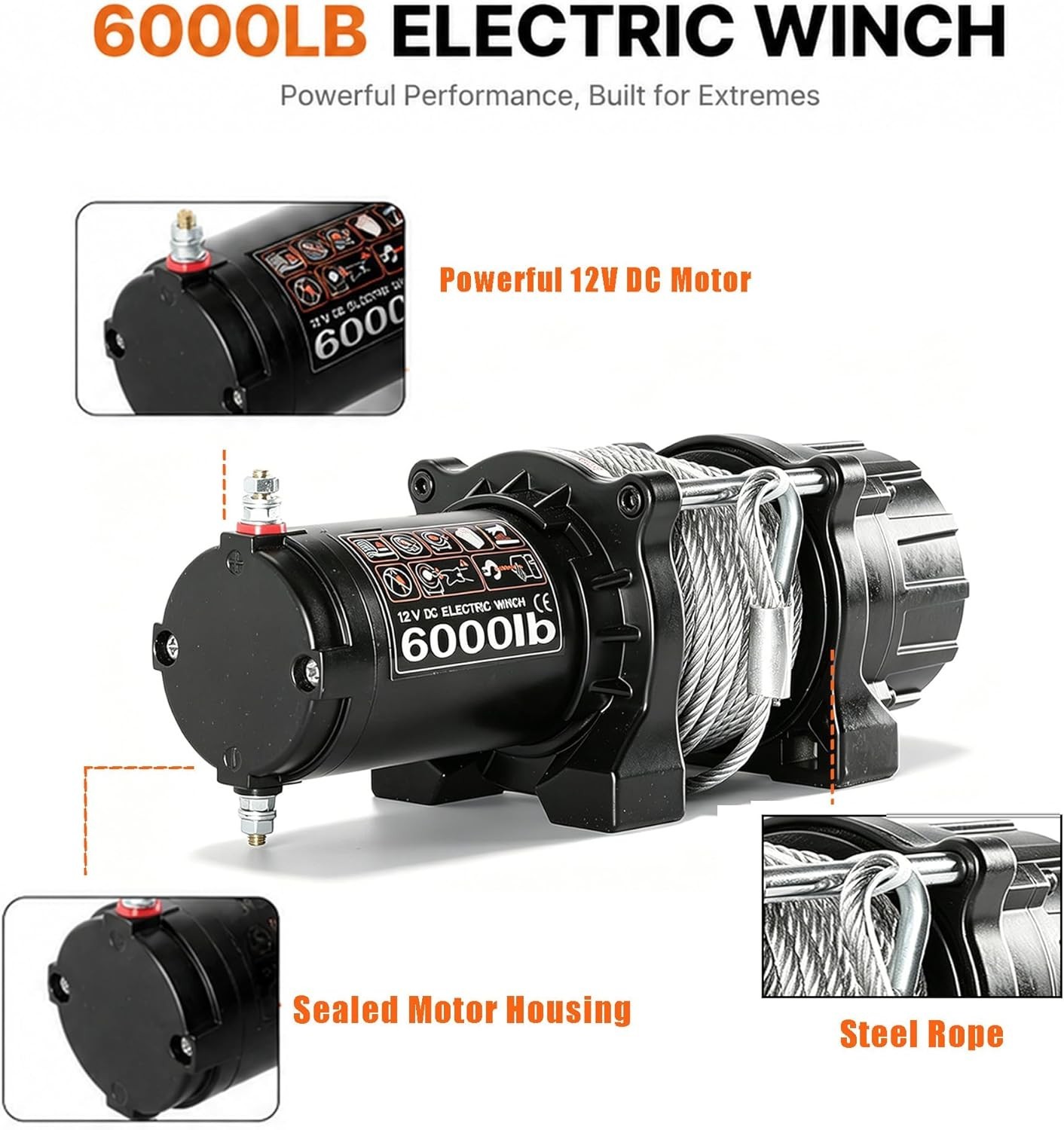 6000 lbs Waterproof Electric Winch, 12V DC Steel Rope Trailer Winch