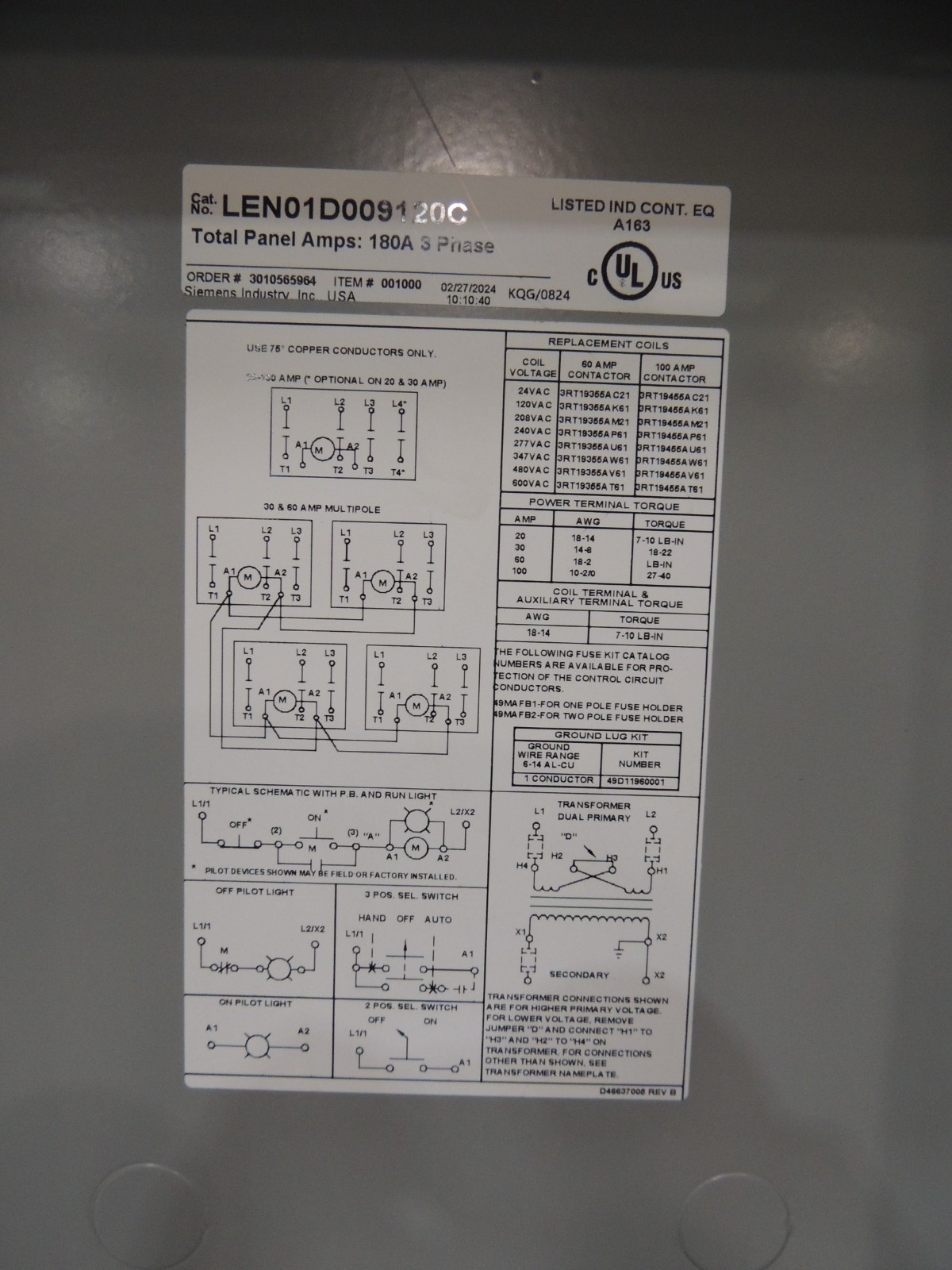 NEW SIEMENS LEN01D009120C NON-COMBINATION, ELECTRICALLY-HELD LIGHTING CONTACTOR