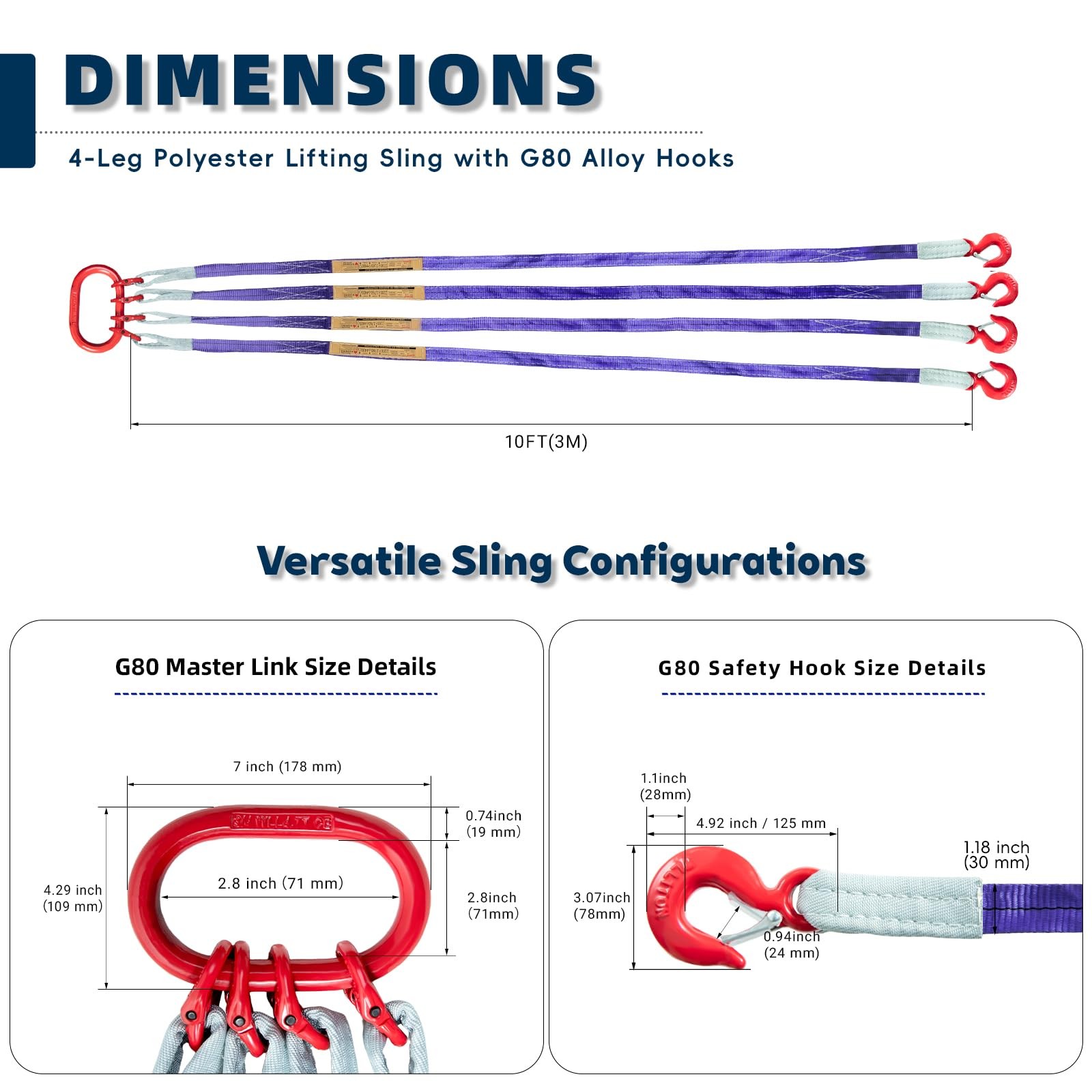 Kivomot 10ft (3m) Polyester Lifting Sling with G80 Hooks and 3 meters, Purple